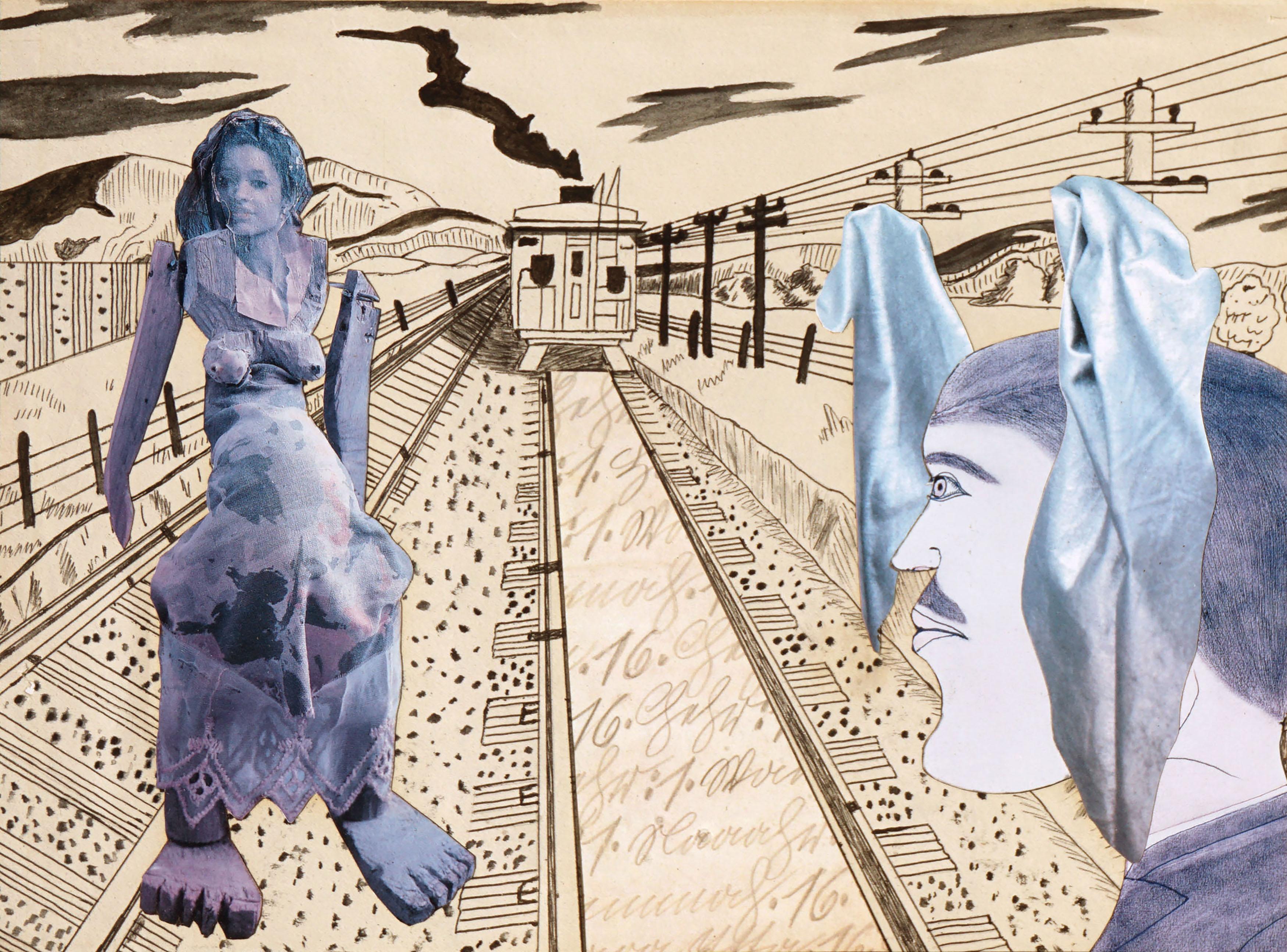„Wrong Side of the Tracks“ – Mixed Media-Figurative Landschaftscollage – Art von Arn Ghigliazza