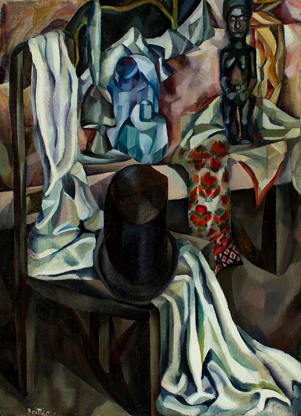 An exceptional cubist oil painting by Arna Brittin. The painting retains its original frame, and was exhibited at the Minneapolis Institute of Art Annual Exhibition in 1927. 

The Silk Hat (c.1927)
Oil on canvas
30" x 22"
40" x 32" x 3 ½"