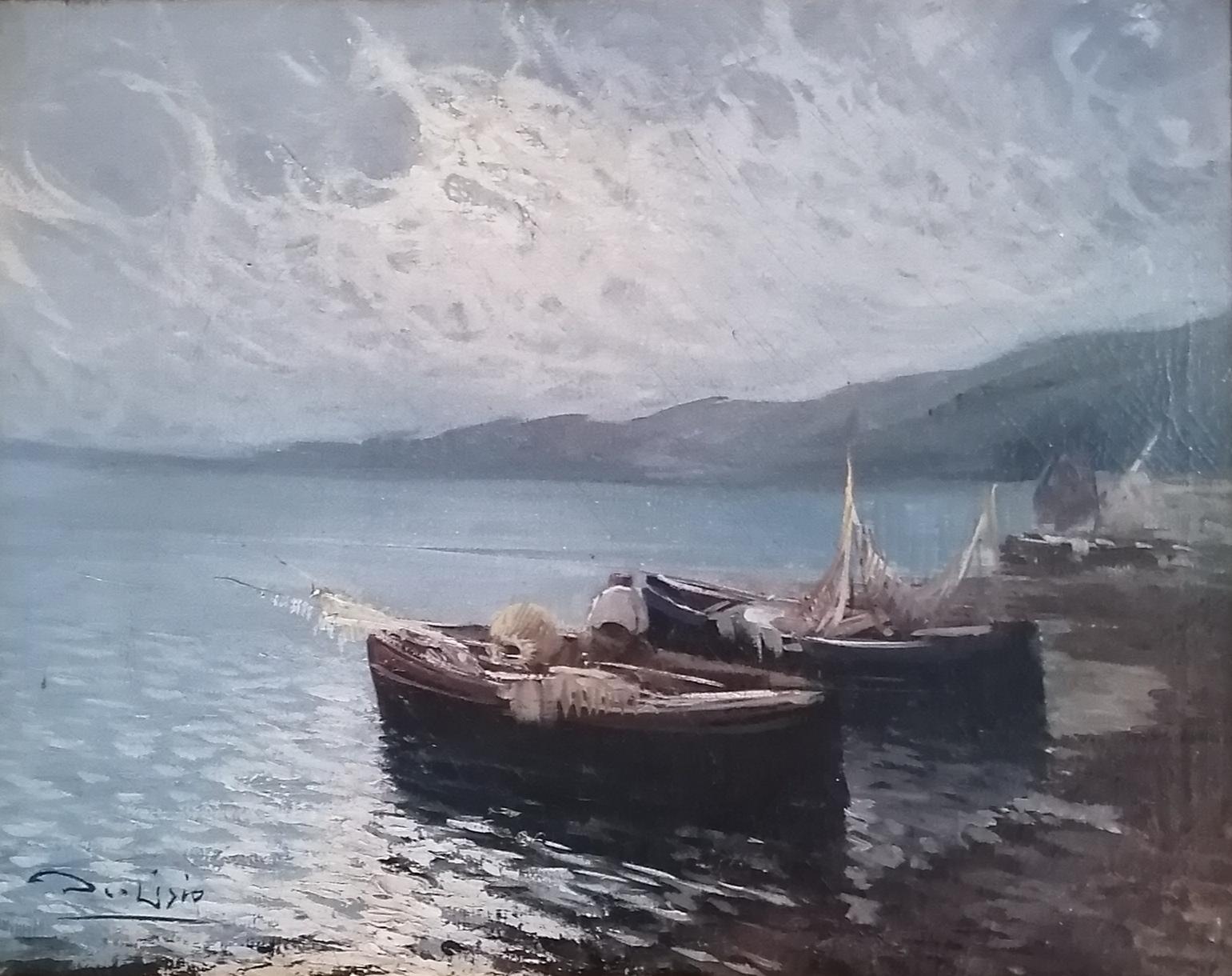 Arnaldo De Lisio Landscape Painting - Fishing rakes on a Mediterranean coast