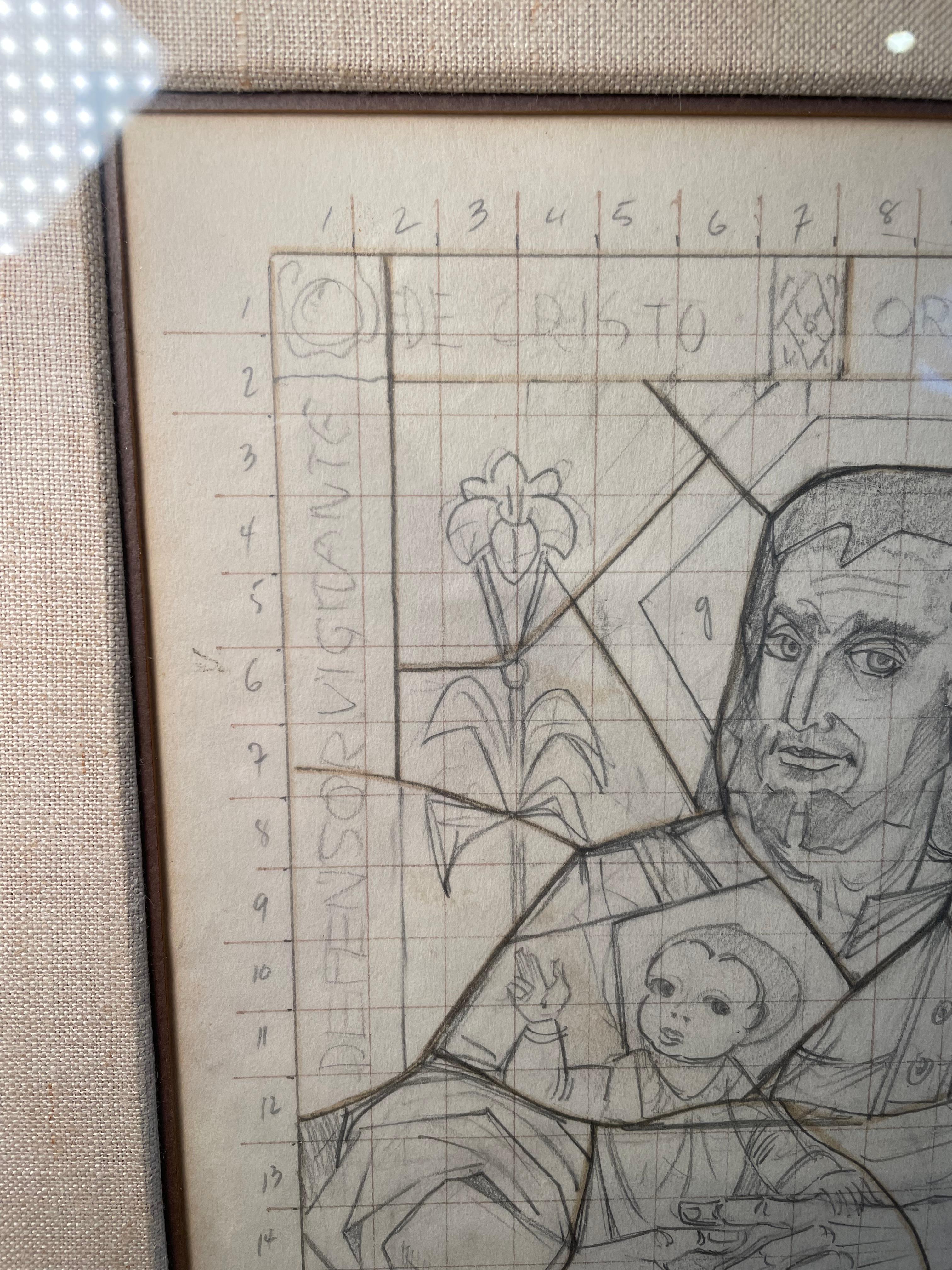 This is a Arnaldo Maas sketch of San Jose and Baby Jesus. It is a pencil drawing and was made to be used as the sketch of one of his stained glass. The sketch’s width is 9 inches and the height is 12.84 inches. It is signed by the artist in the