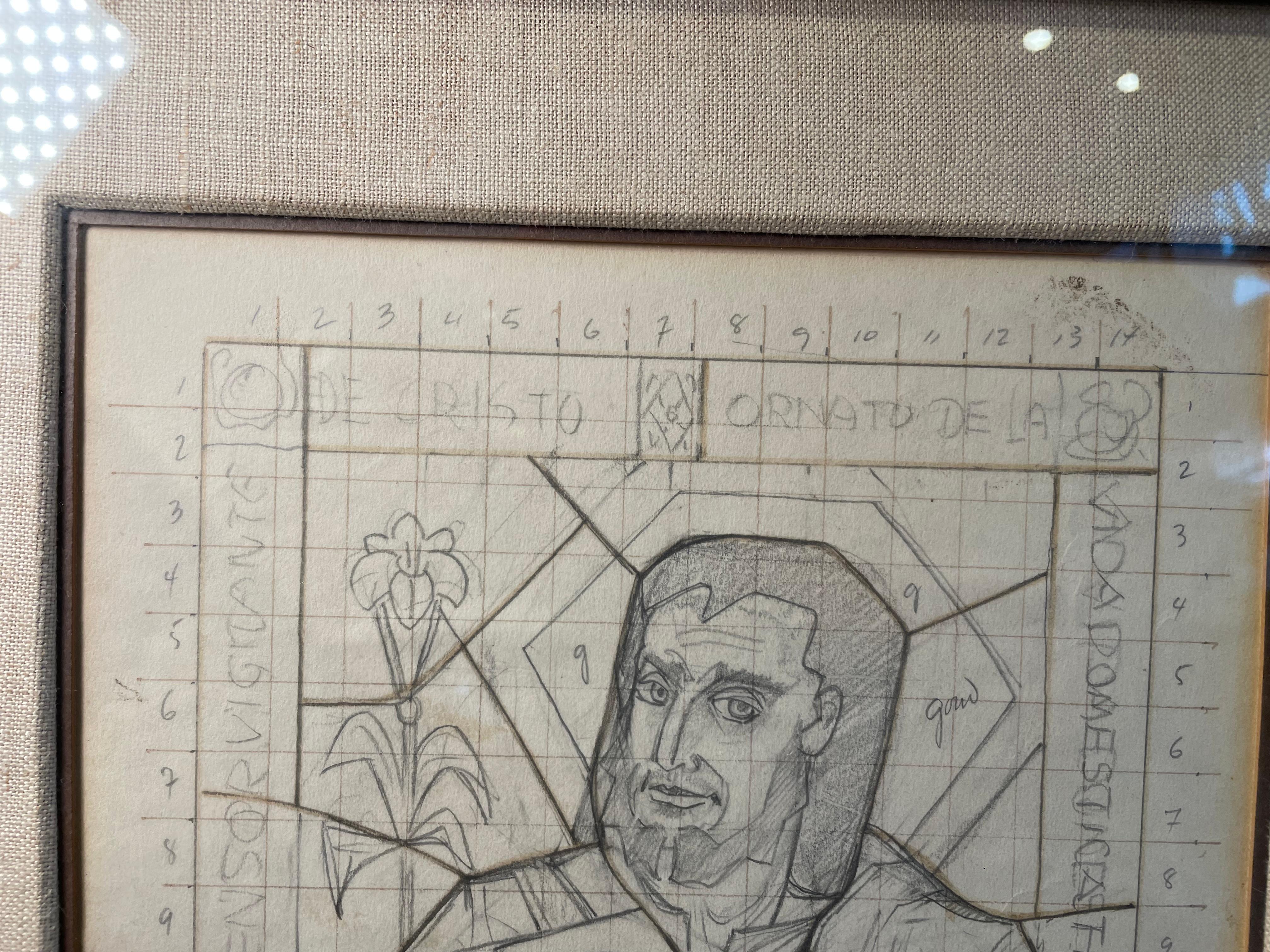 Hand-Crafted Arnaldo Maas Framed Sketch Of Saint Joseph And Baby Jesus