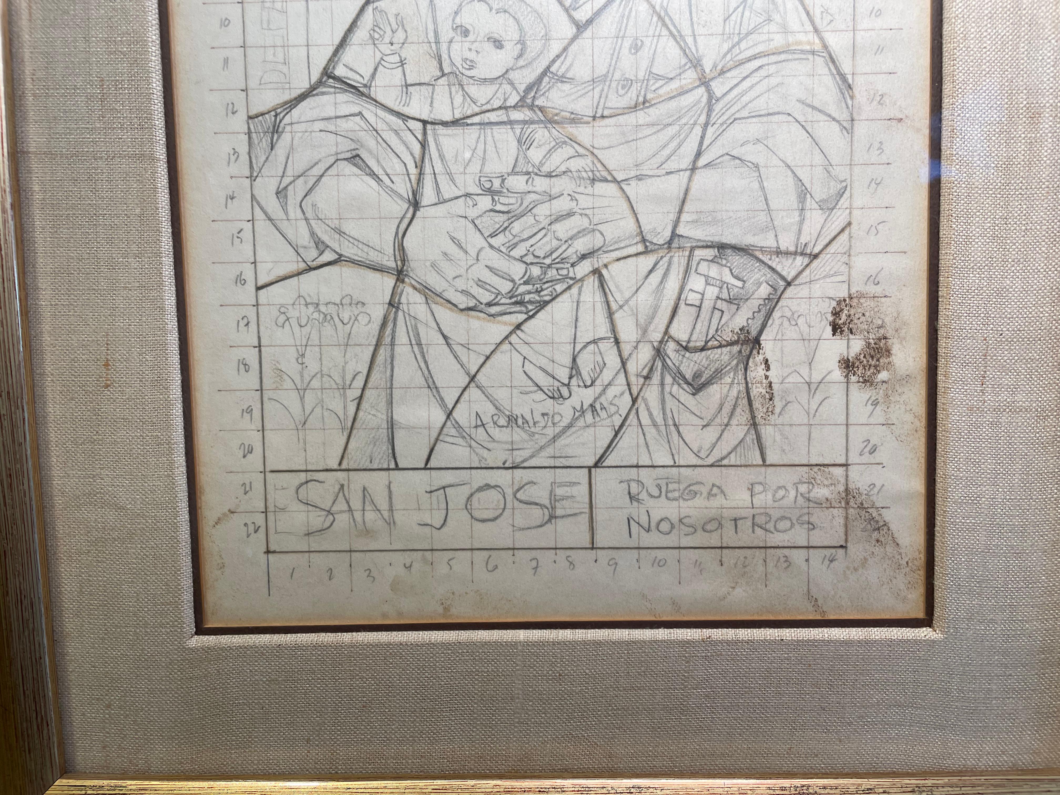 Arnaldo Maas Framed Sketch Of Saint Joseph And Baby Jesus In Good Condition In Guaynabo, PR