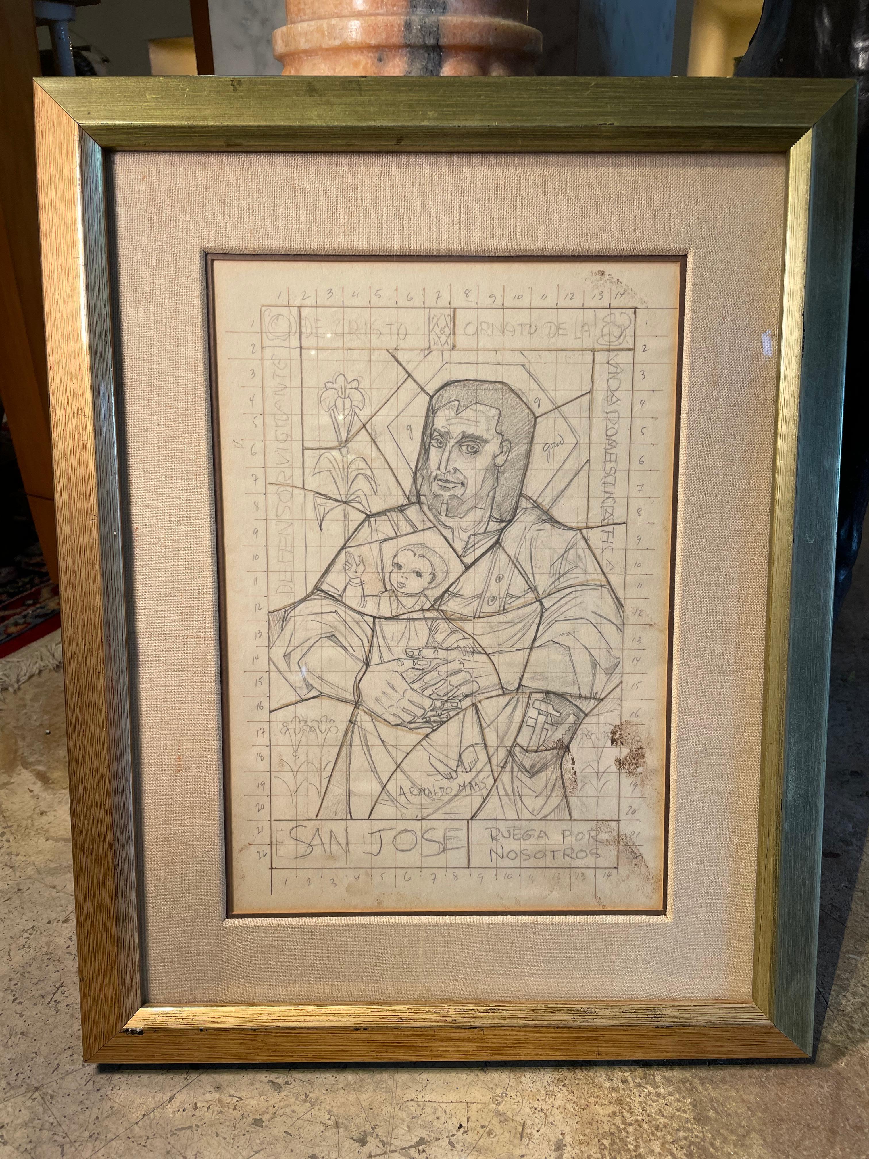 Wood Arnaldo Maas Framed Sketch Of Saint Joseph And Baby Jesus