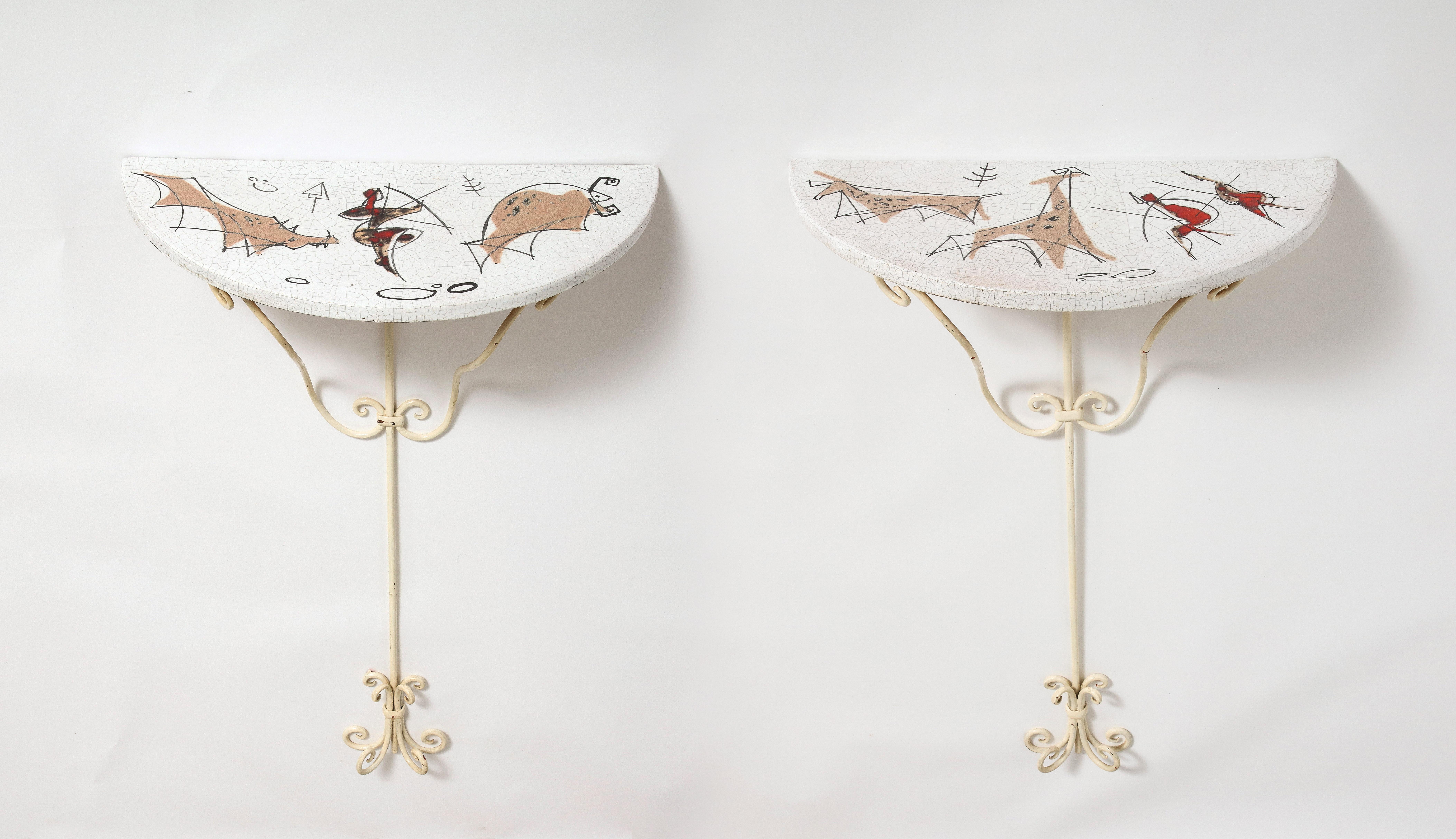 Arnaldo Miniati Pair of Ceramic and Iron Demi-Lune Wall Consoles, Italy, 1959 For Sale 4