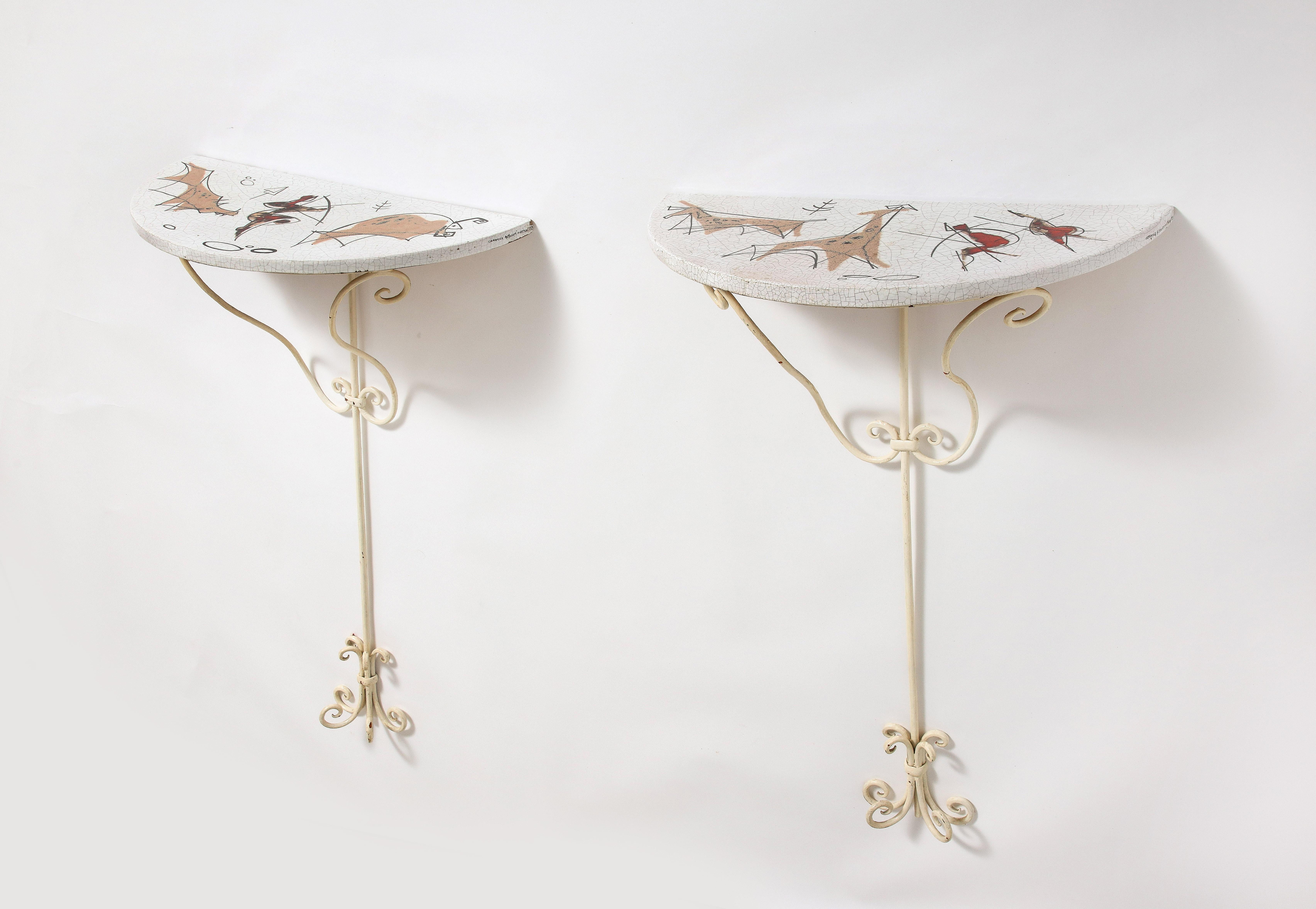 Arnaldo Miniati Pair of Ceramic and Iron Demi-Lune Wall Consoles, Italy, 1959 For Sale 10
