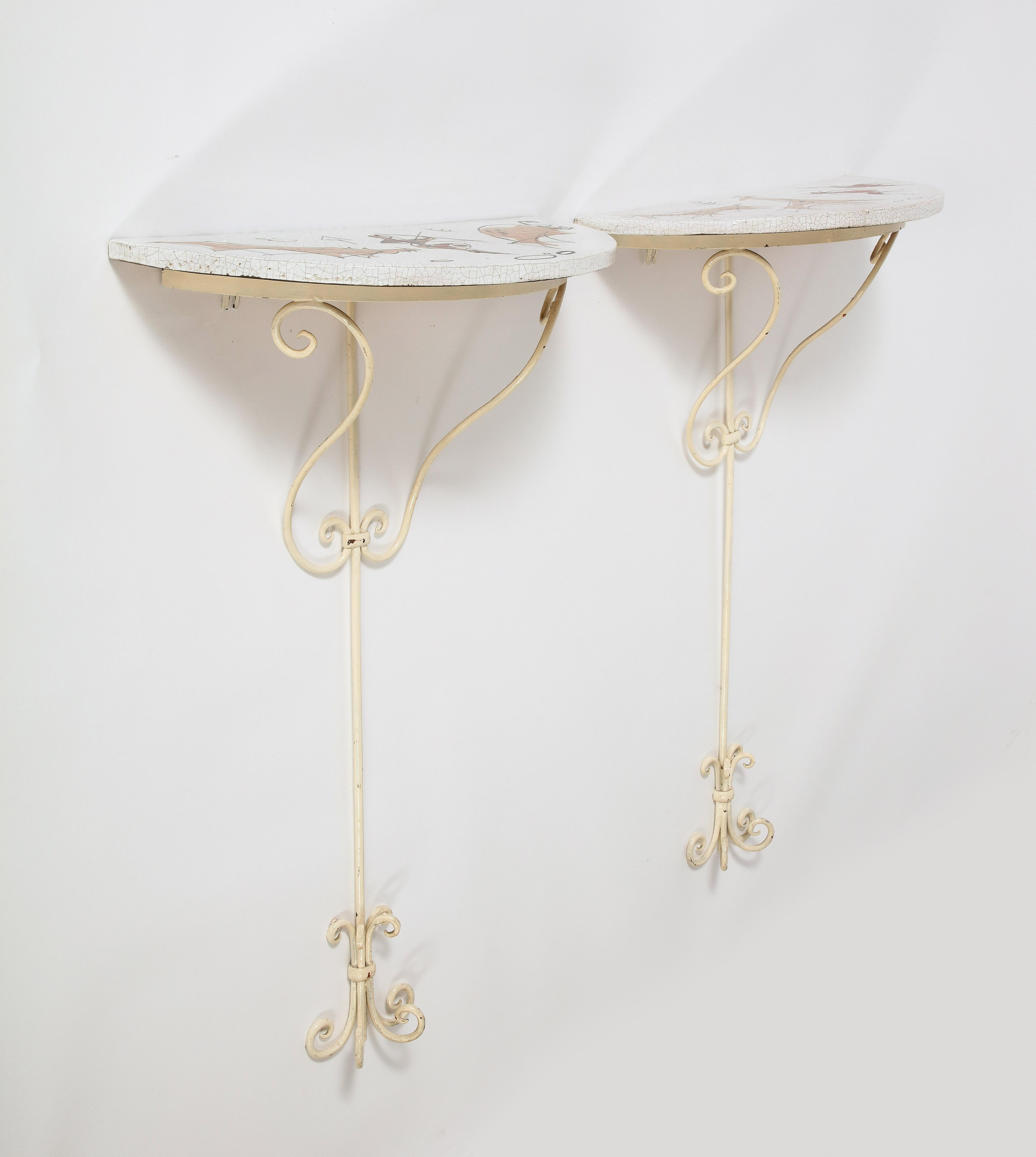 Arnaldo Miniati Pair of Ceramic and Iron Demi-Lune Wall Consoles, Italy, 1959 In Good Condition For Sale In New York, NY