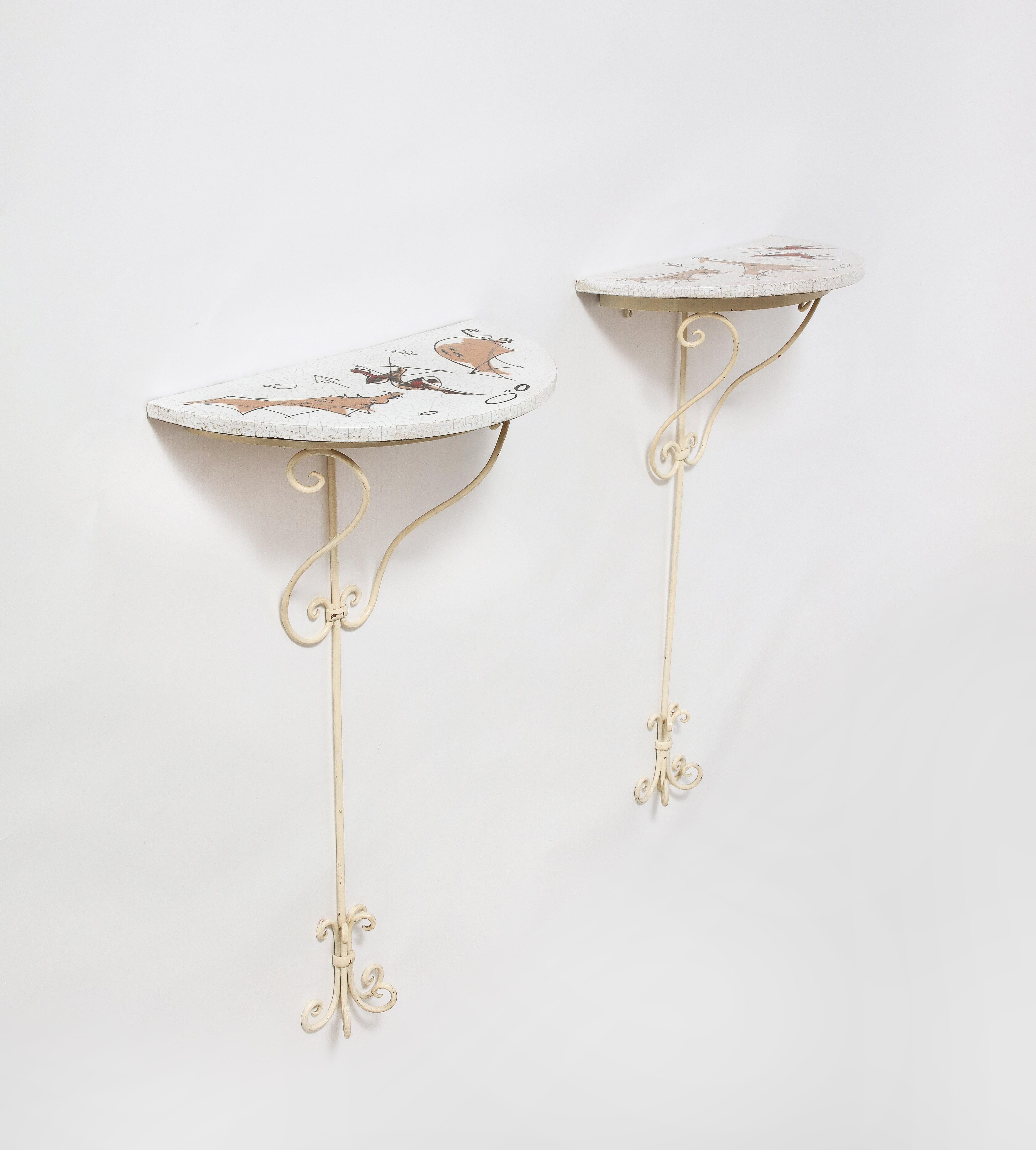 Arnaldo Miniati Pair of Ceramic and Iron Demi-Lune Wall Consoles, Italy, 1959 For Sale 2