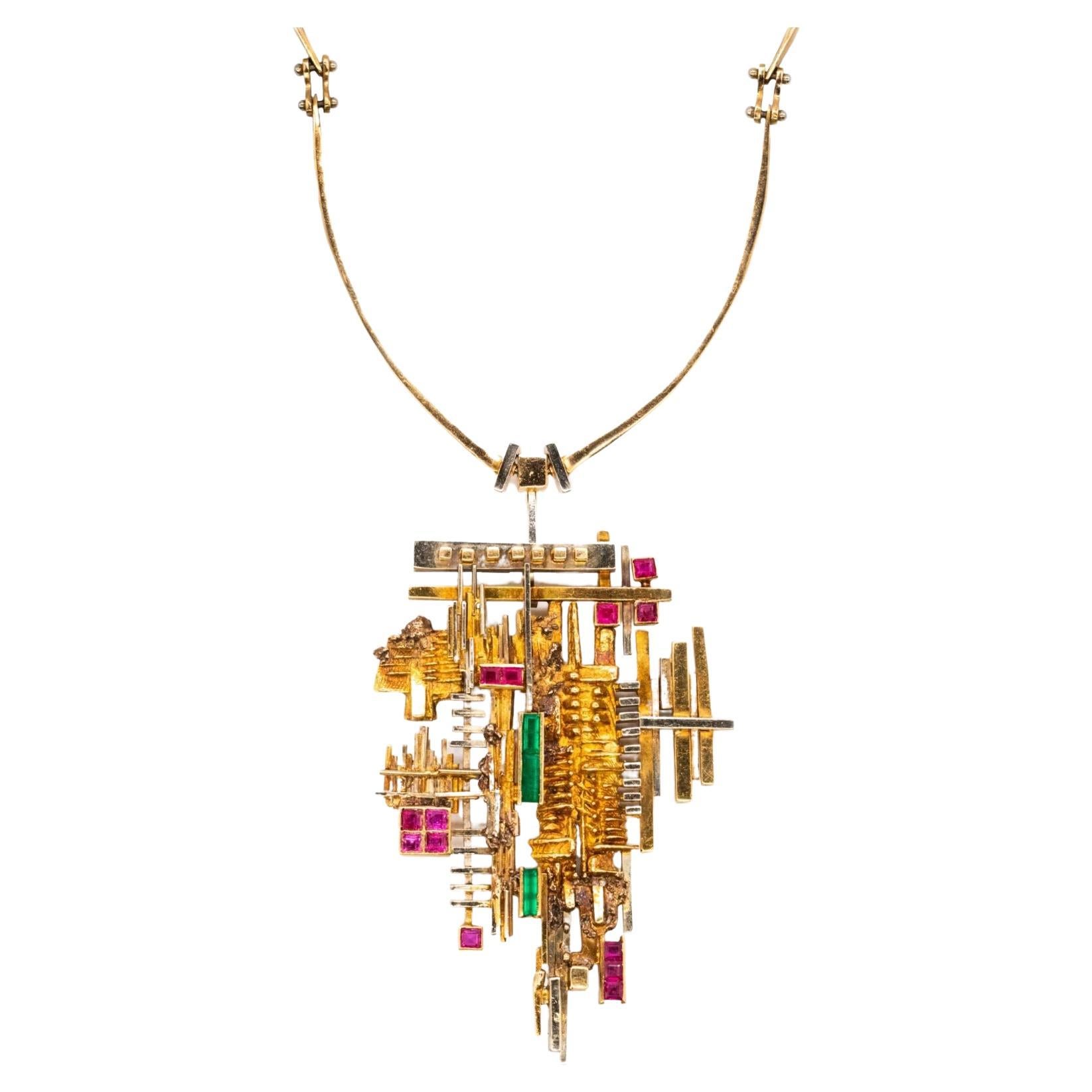 Arnaldo Pomodoro 1963 Milan Geometric Sculptural Necklace 18kt Gold Gemstones