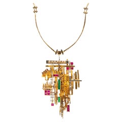 Used Arnaldo Pomodoro 1963 Milan Geometric Sculptural Necklace 18kt Gold Gemstones