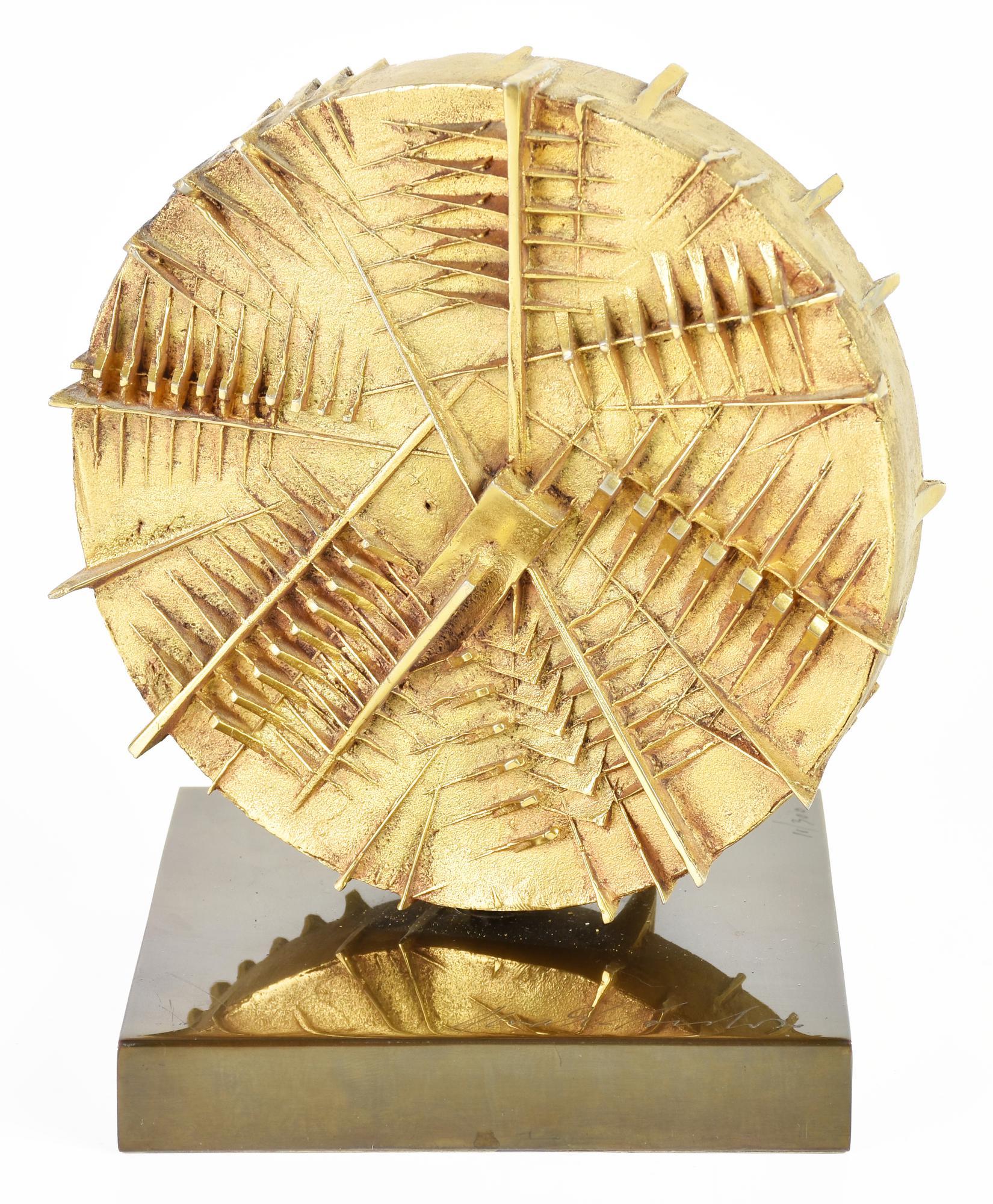 Arnaldo Pomodoro ( 1926 )  – gilded bronze sculpture with brass base – 1983 For Sale 3