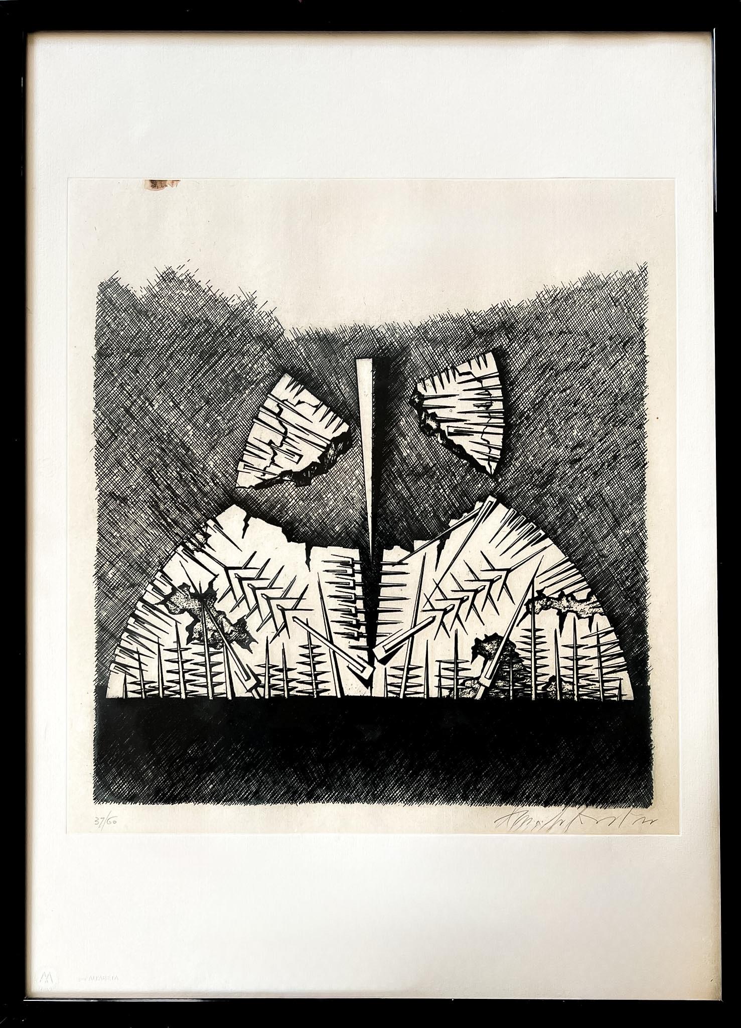 Acquaforte e acquatinta su carta, edita nel 1983
Edizione limitata, numerata 37/60 in basso a sinistra.
Firmato a mano a matita dall'artista nel margine inferiore destro.
Formato carta: 70 x 50 cm
Dimensioni della cornice: 73,5 x 54 cm
Condizioni