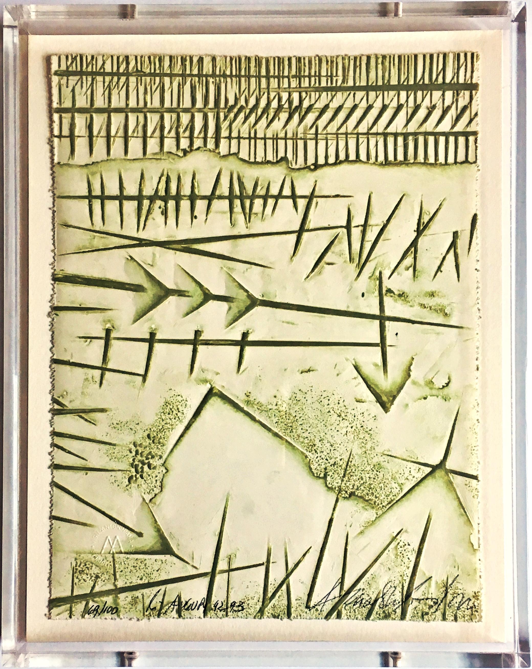 di Auguri, rare etching by famed Italian sculptor SignedN, museum de-accession - Print by Arnaldo Pomodoro