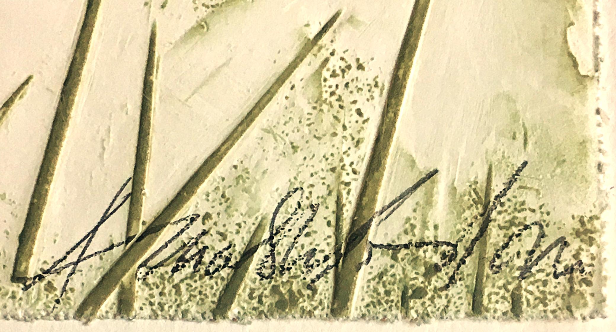 di Auguri, rare etching by famed Italian sculptor SignedN, museum de-accession - Beige Abstract Print by Arnaldo Pomodoro