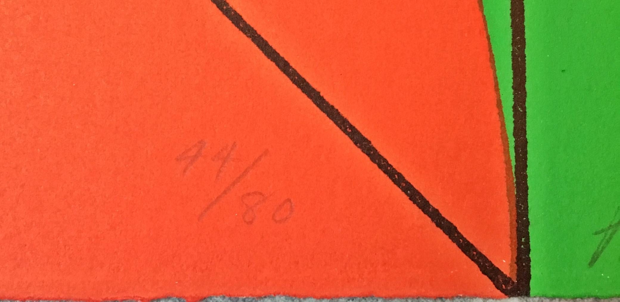 Arnaldo Pomodoro
Ohne Titel Geometrische Abstraktion aus der Mitte des Jahrhunderts, 1968
Siebdruck mit Farben auf Büttenpapier mit geriffelten Kanten
Handsigniert, nummeriert 44 aus der Auflage von 80 und datiert vom Künstler auf der Vorderseite.
