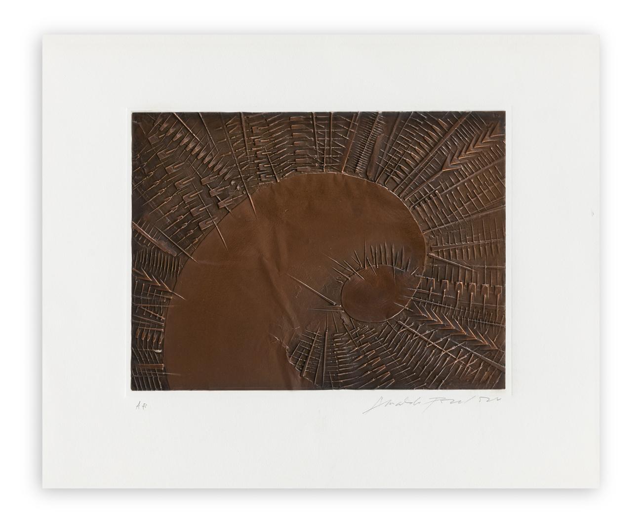 embossed oxidized copper sheet applied to handmade paper
Limited edition of 100 copies
signed in pencil by artist lower right and numbered as AP ( artist proof ) lower left
Cooper size: 30 x 40 cm
paper size: 50 x 60 cm

Excellent conditions

We