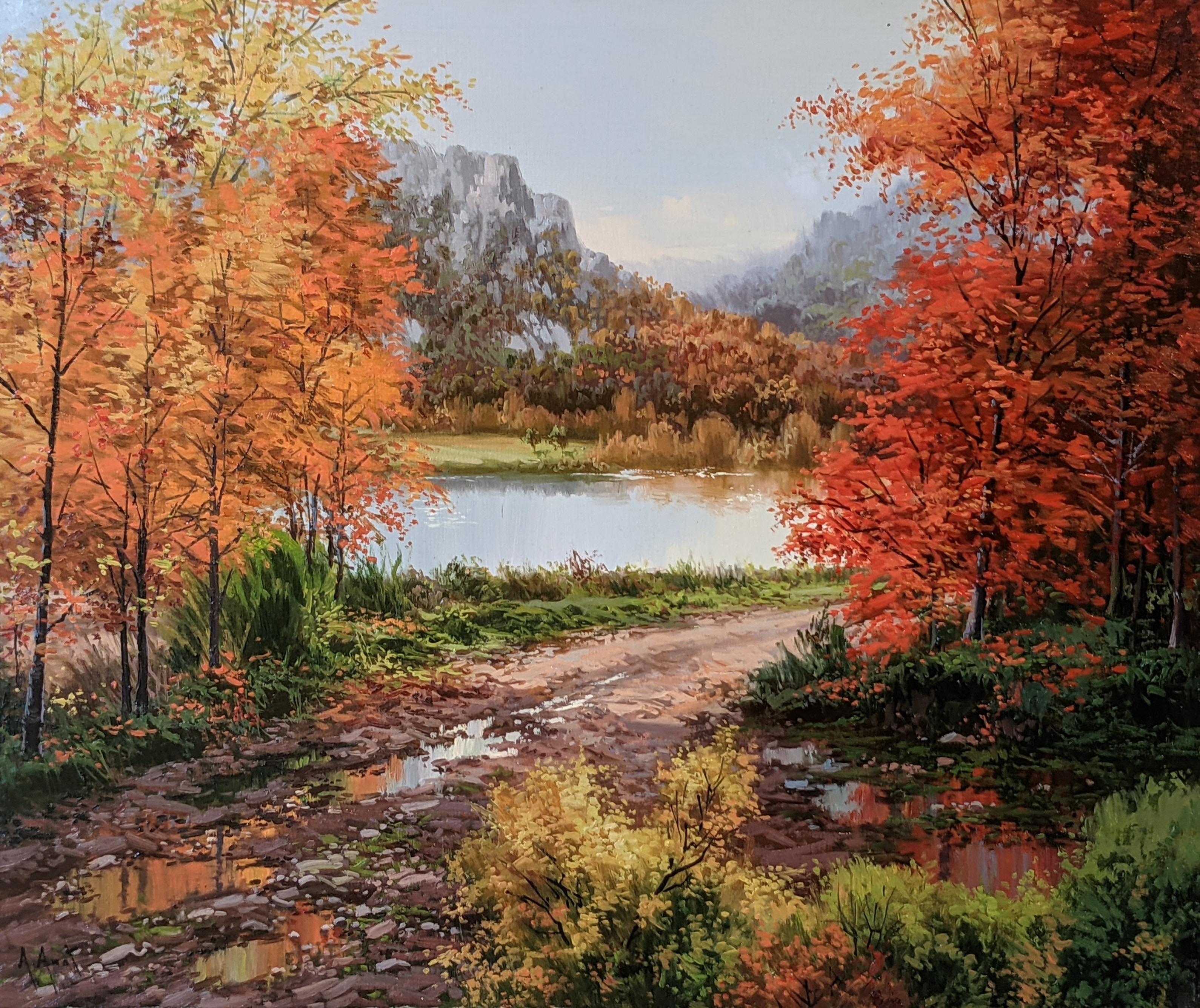 'Autumn View' Contemporary Colourful Landscape painting with trees, & river - Painting by Arnau Amat