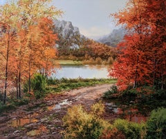 'Vista d'autunno' Quadro di paesaggio contemporaneo colorato con alberi e fiume