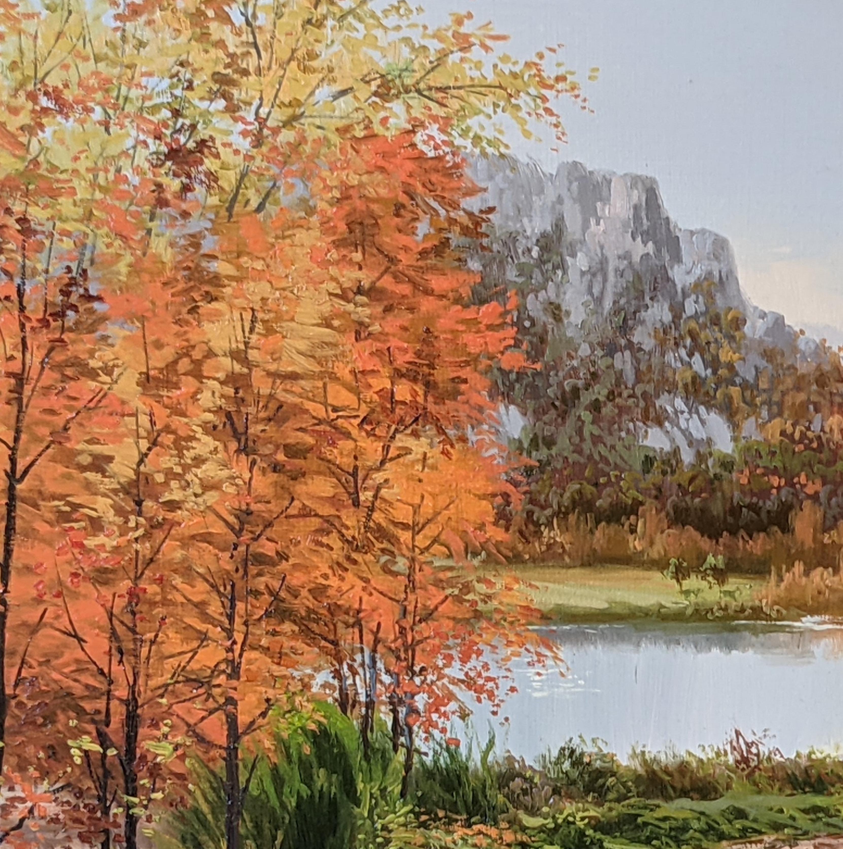 Zeitgenössisches farbenfrohes Landschaftsgemälde „Autumn View“ mit Bäumen und Fluss (Schwarz), Landscape Painting, von Arnau Amat
