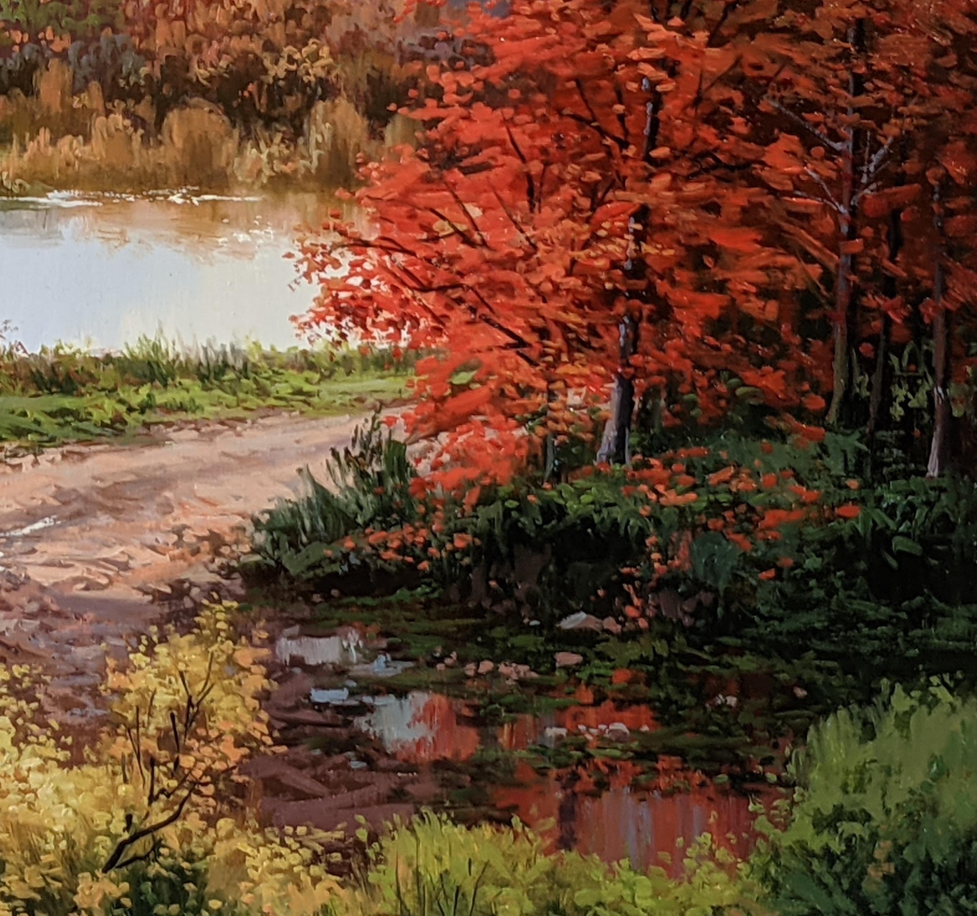 « Autumn View », peinture contemporaine de paysage coloré avec arbres et rivière - Noir Landscape Painting par Arnau Amat