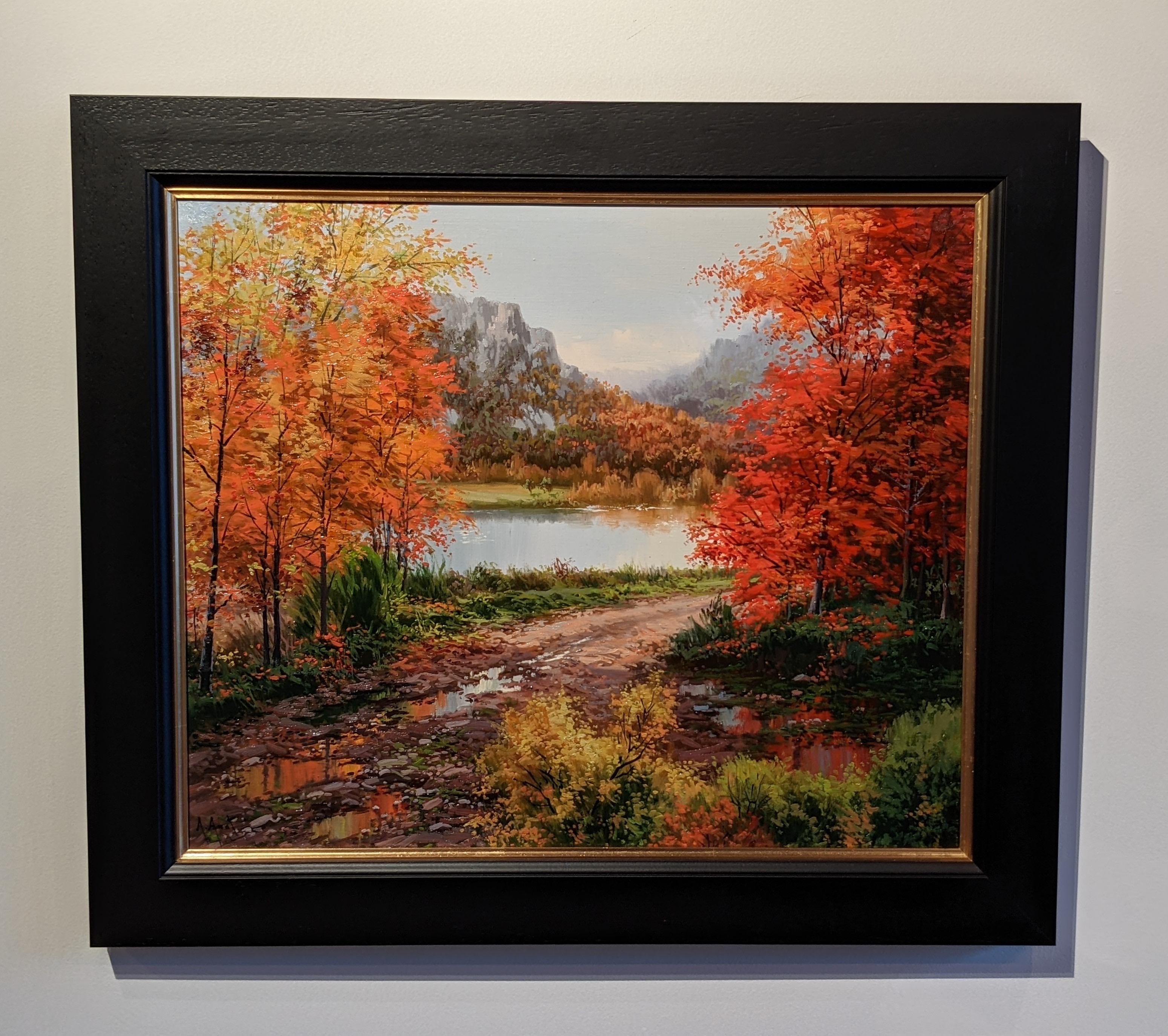 Arnau Amat Landscape Painting – Zeitgenössisches farbenfrohes Landschaftsgemälde „Autumn View“ mit Bäumen und Fluss