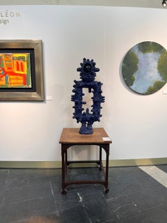 Abstract blue sculpture in ceramics & mouthblow glass, called Le Gardien