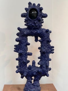 Abstract blue sculpture in ceramics & mouthblow glass, called Le Gardien