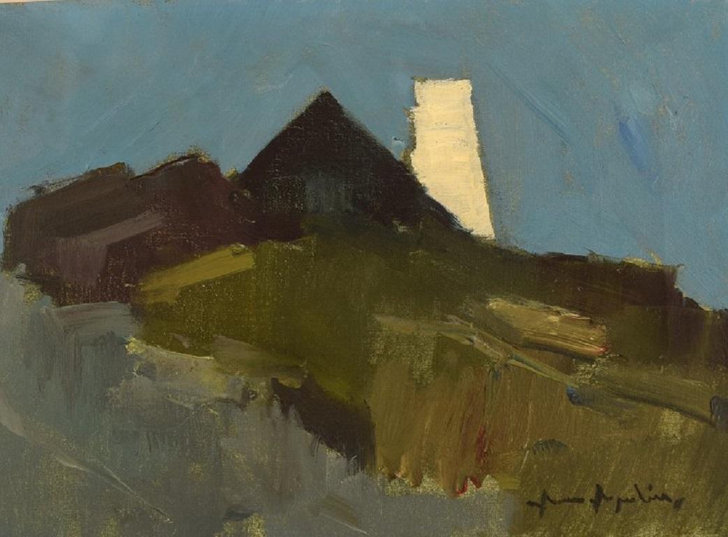 Scandinavian Modern Arne Aspelin, Sweden, Oil on Canvas, Modernist Landscape, Mid 20th C