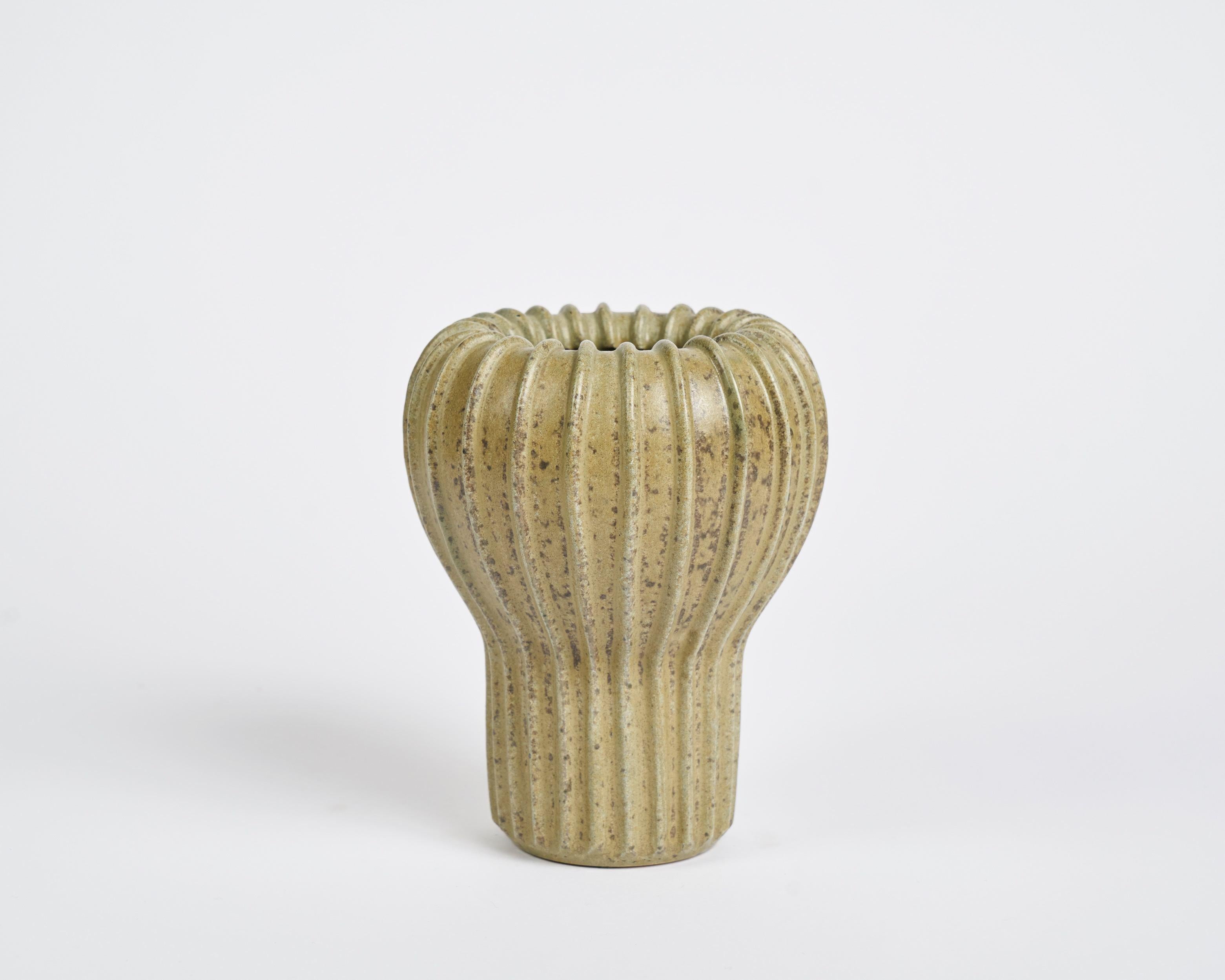 Glazed Arne Bang, Beige Ribbed Ceramic Vase, Denmark, 1930s