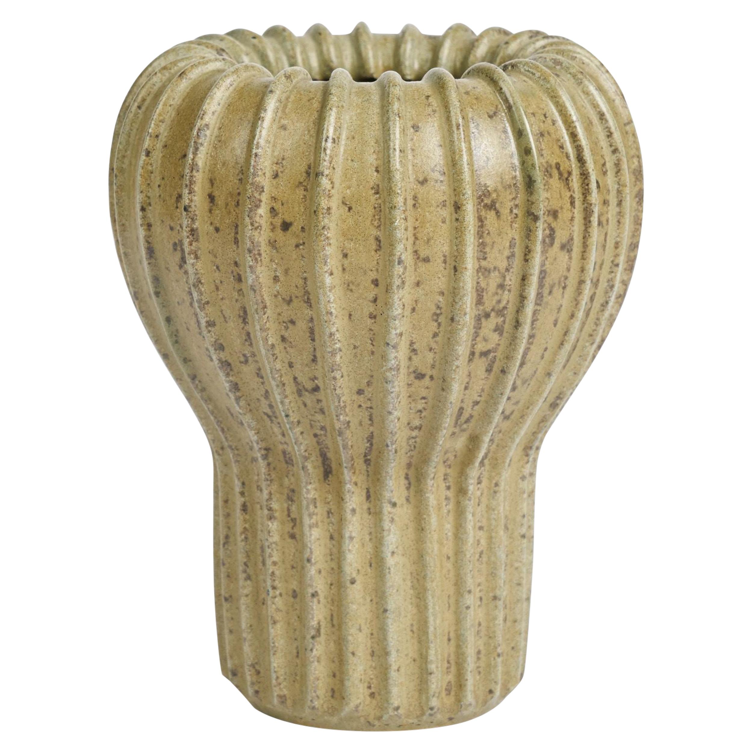Arne Bang, Beige Ribbed Ceramic Vase, Denmark, 1930s