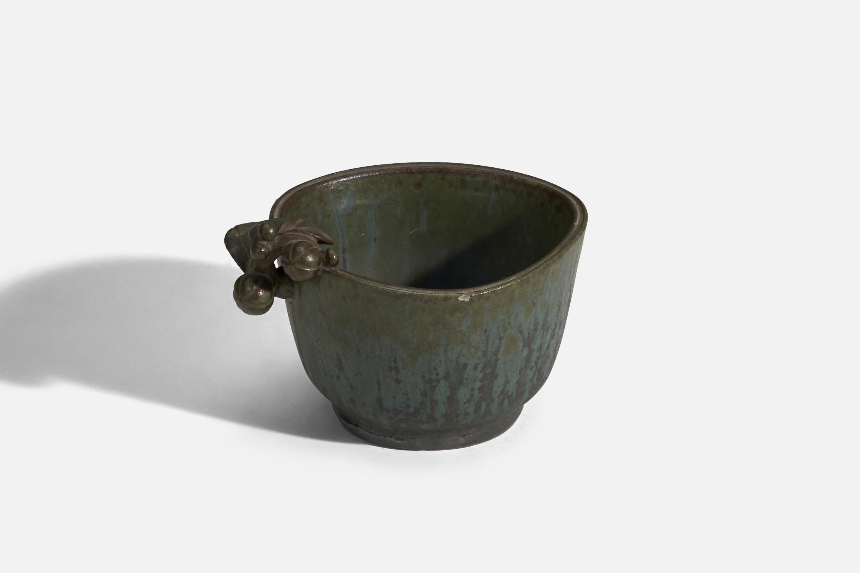 Scandinavian Modern Arne Bang, Bowl, Grey and Blue Glazed Stoneware, Denmark, 1940s For Sale