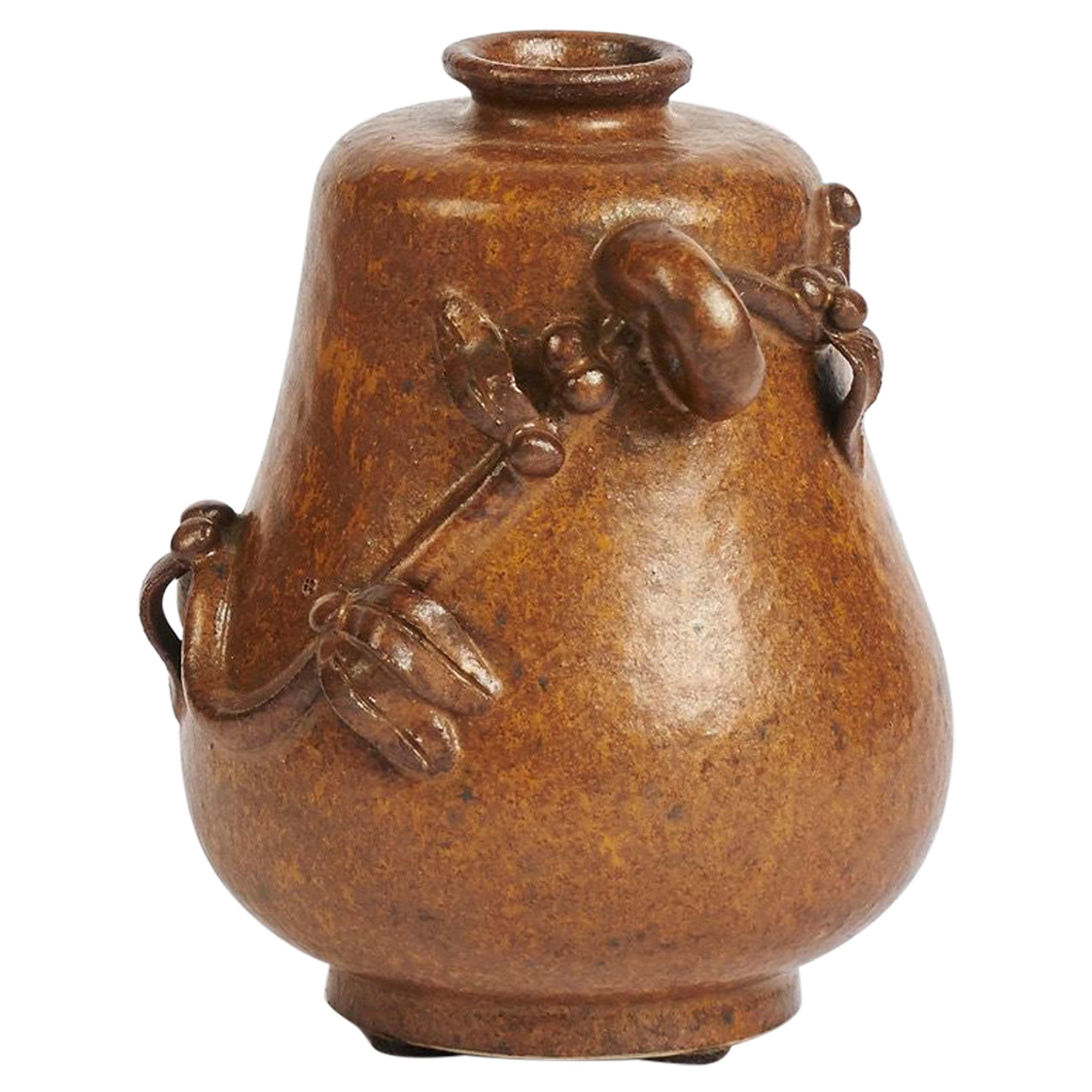 Arne Bang, Brown Glazed Ceramic Vase with Vine Motif, Denmark, 1930s