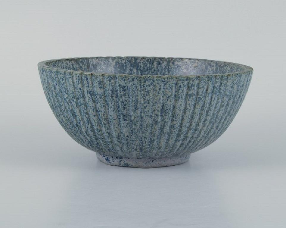 Scandinavian Modern Arne Bang, Ceramic Bowl in Grooved Design, Glaze in Shades of Blue