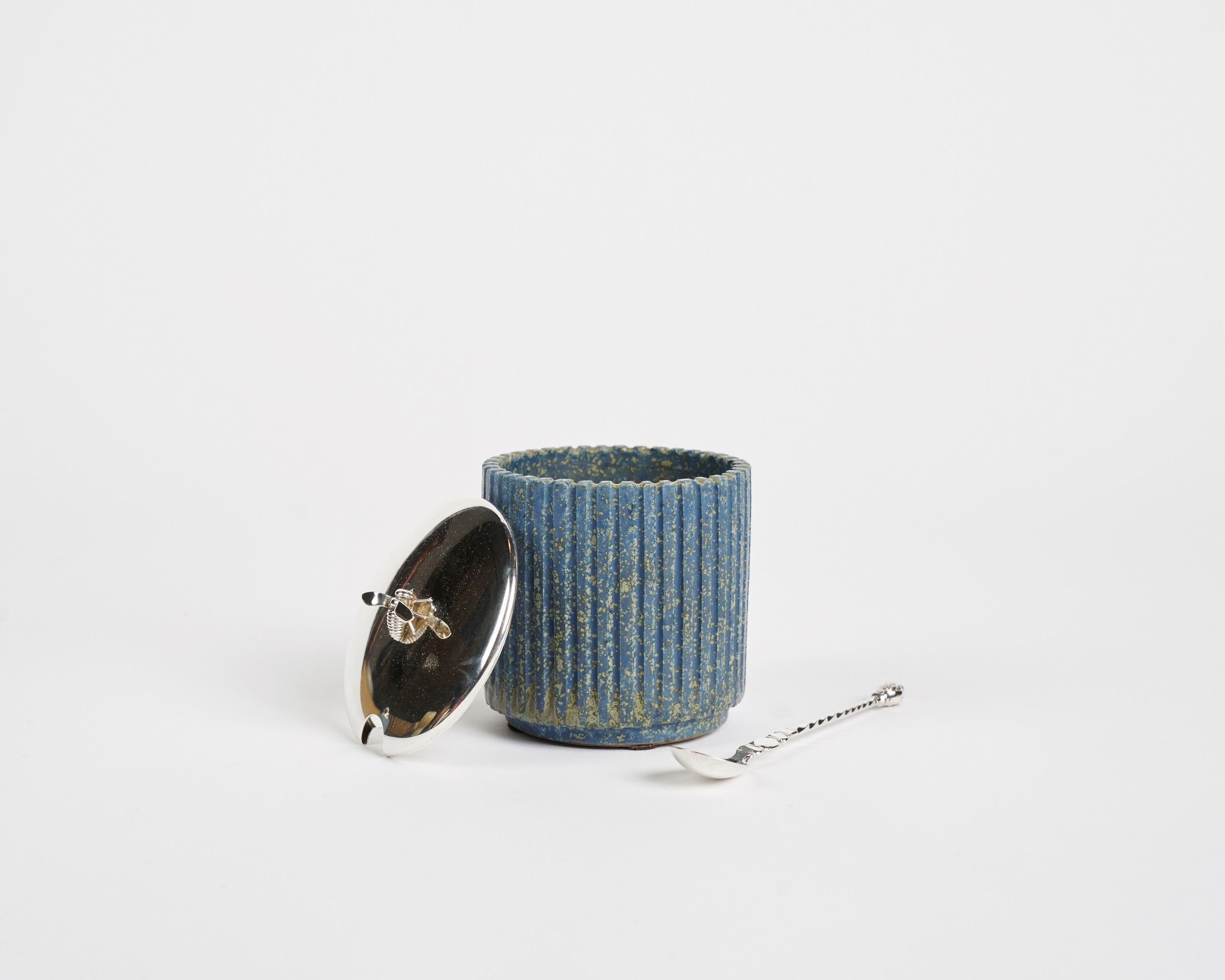 Danish Arne Bang, Ceramic Condiment Pot with Silver Top, Denmark, 1930s