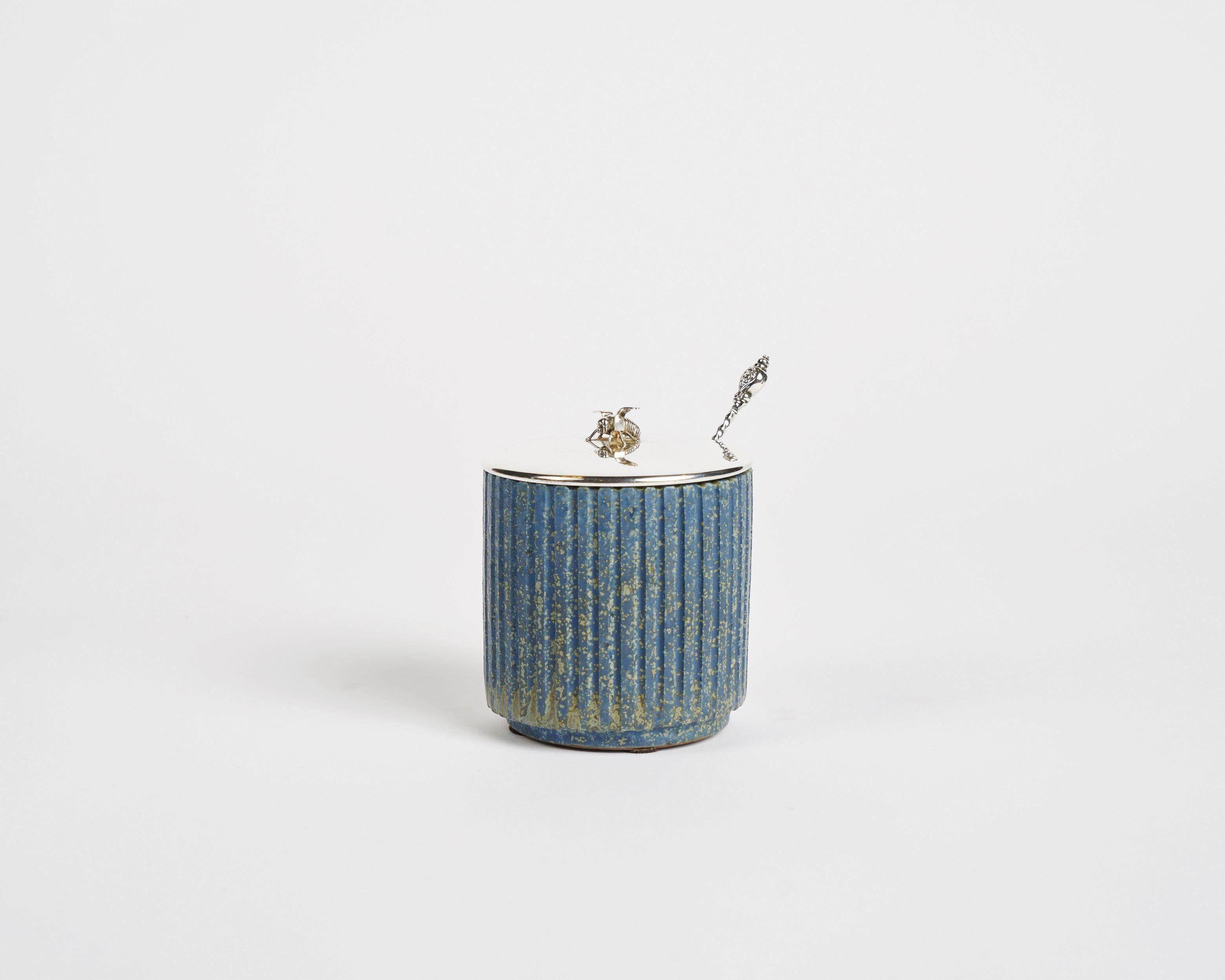Glazed Arne Bang, Ceramic Condiment Pot with Silver Top, Denmark, 1930s