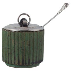 Vintage Arne Bang, ceramic jam jar in grooved design.  Beautiful dark green glaze.