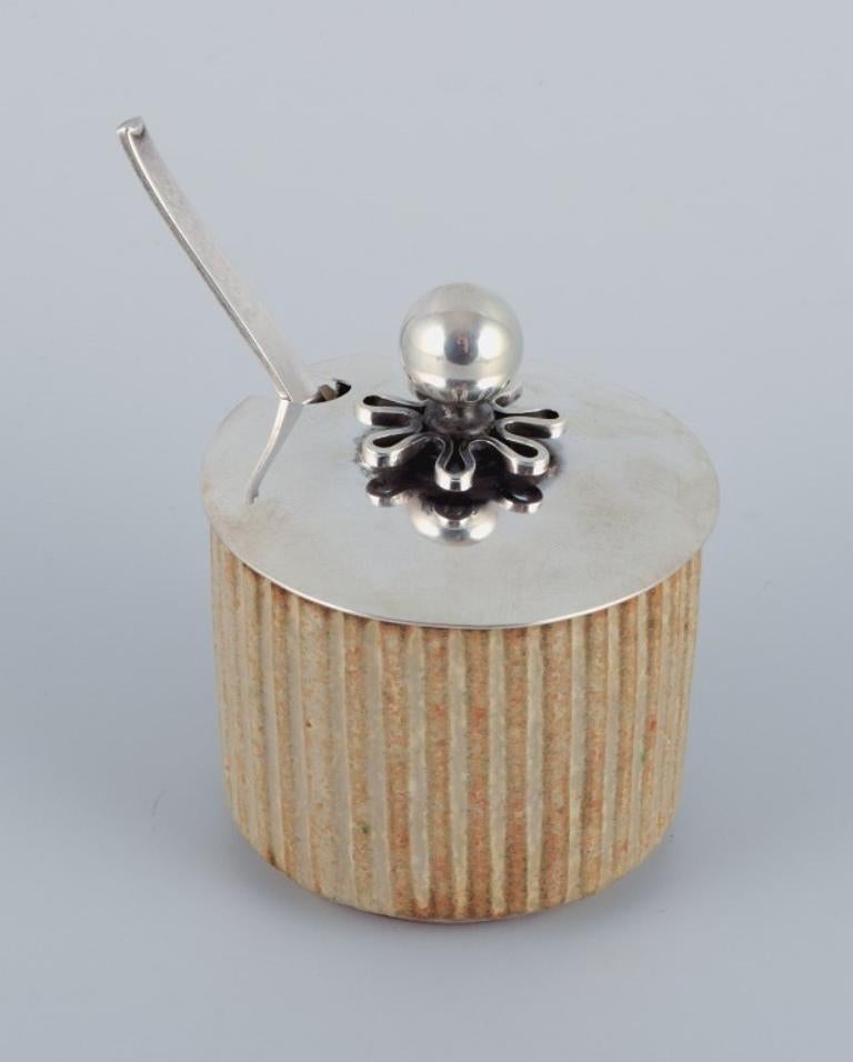 Danish Arne Bang ceramic jar with Cohr silver lid and Hans Hansen Sterling silver spoon For Sale