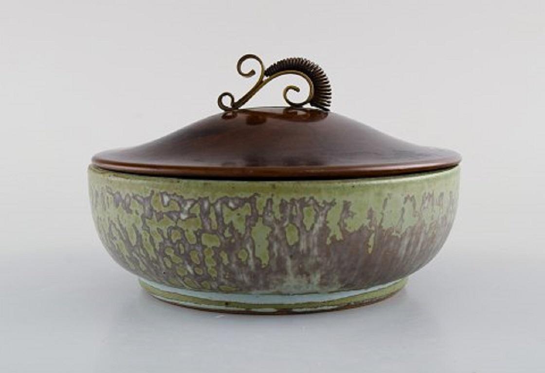 Art Deco Arne Bang, Denmark, Jar in Glazed Ceramic with Bronze Lid, 1940s