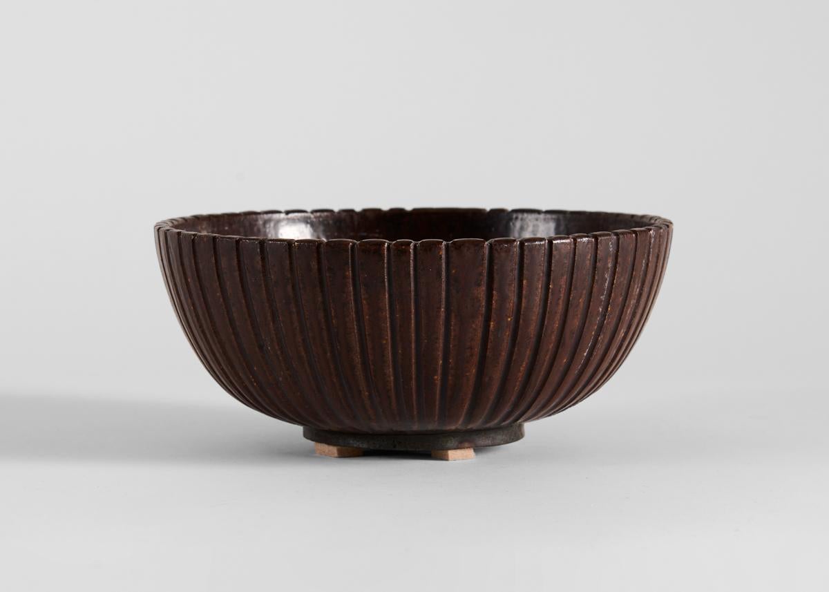 Danish Arne Bang, Fluted Brown Bowl, Denmark, 1930s For Sale