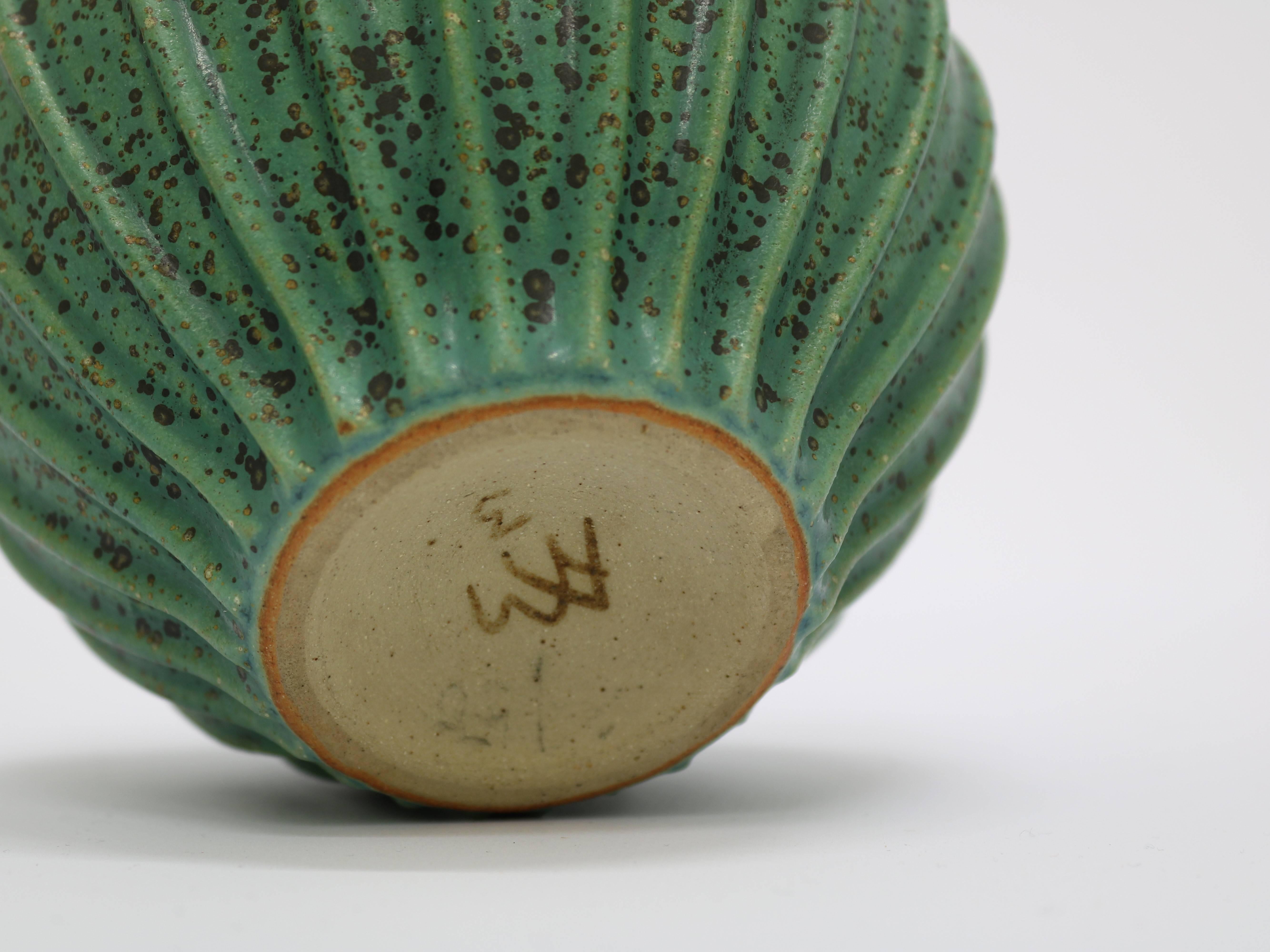 Glazed Arne Bang Green Ribbed Stoneware Vase Model No. 3, 1930s