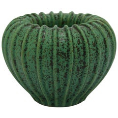 Arne Bang Green Ribbed Stoneware Vase Model No. 3, 1930s