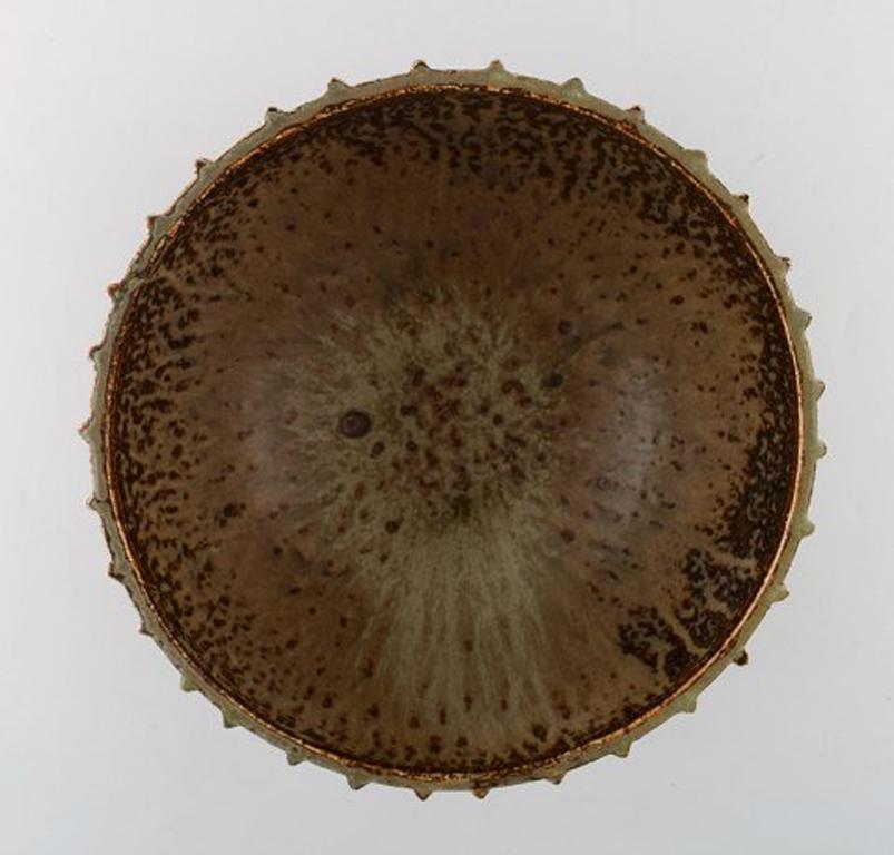 Danish Arne Bang, Large Bowl with Fluted Corpus Decorated with Brown Speckled Glaze
