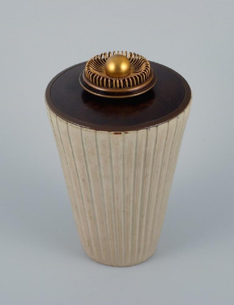 Danish Arne Bang, Large Ceramic Vase in Grooved Design with Matching Bronze Lid