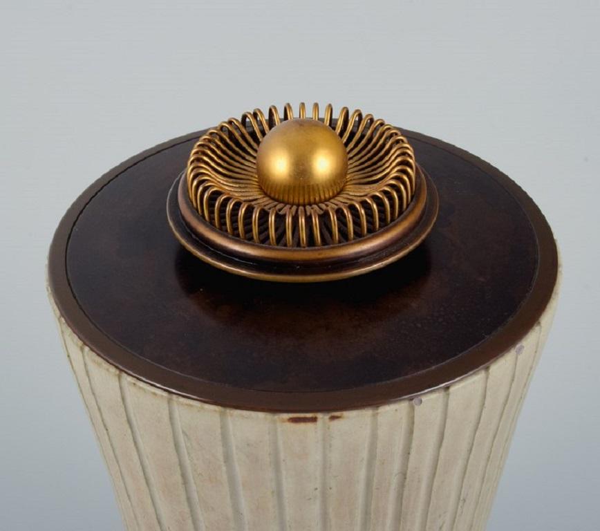 Glazed Arne Bang, Large Ceramic Vase in Grooved Design with Matching Bronze Lid