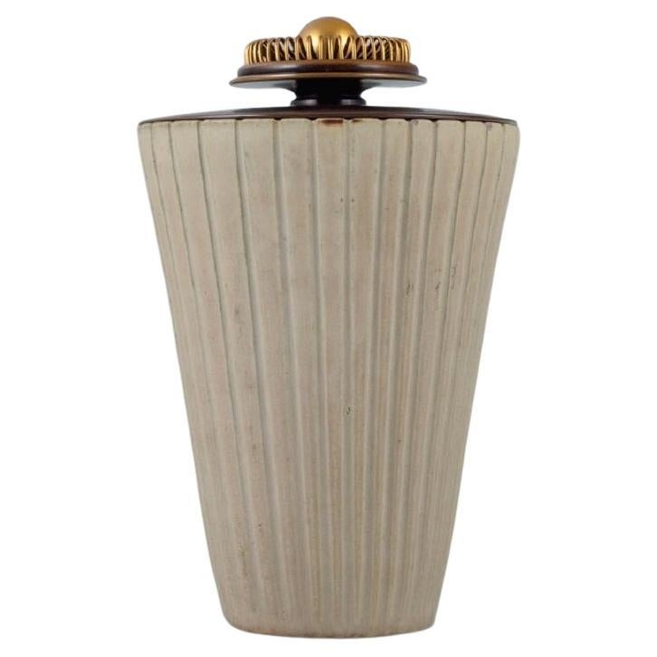 Arne Bang, Large Ceramic Vase in Grooved Design with Matching Bronze Lid