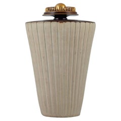 Arne Bang, Large Ceramic Vase in Grooved Design with Matching Bronze Lid