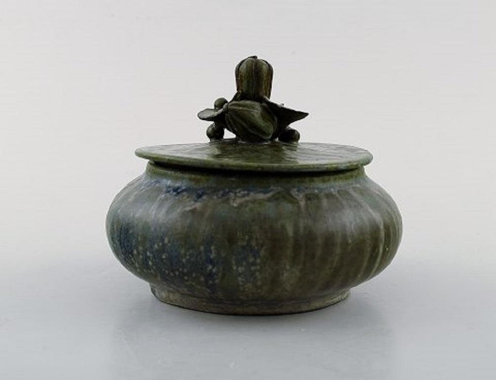 Art Deco Arne Bang, Lidded Jar in Glazed Ceramics, Lid Decorated with Foliage, 1930s