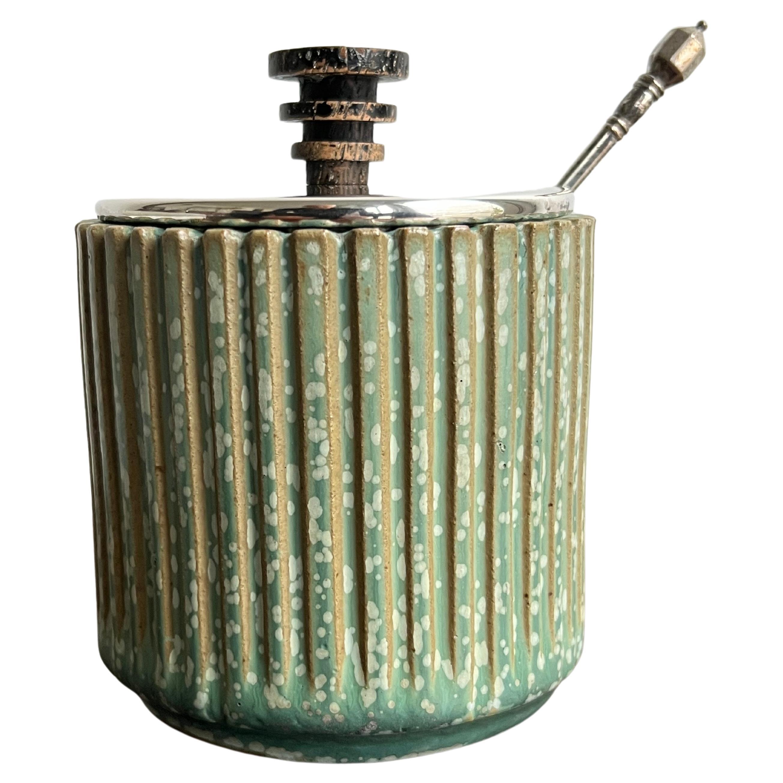 Arne Bang, Marmelade Jar, Stoneware with Silver Lid and Spoon, Denmark, 1930’s For Sale
