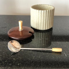 Danish Art Pottery Jam Pot with Teak Lid and Silver Spoon by Arne Bang