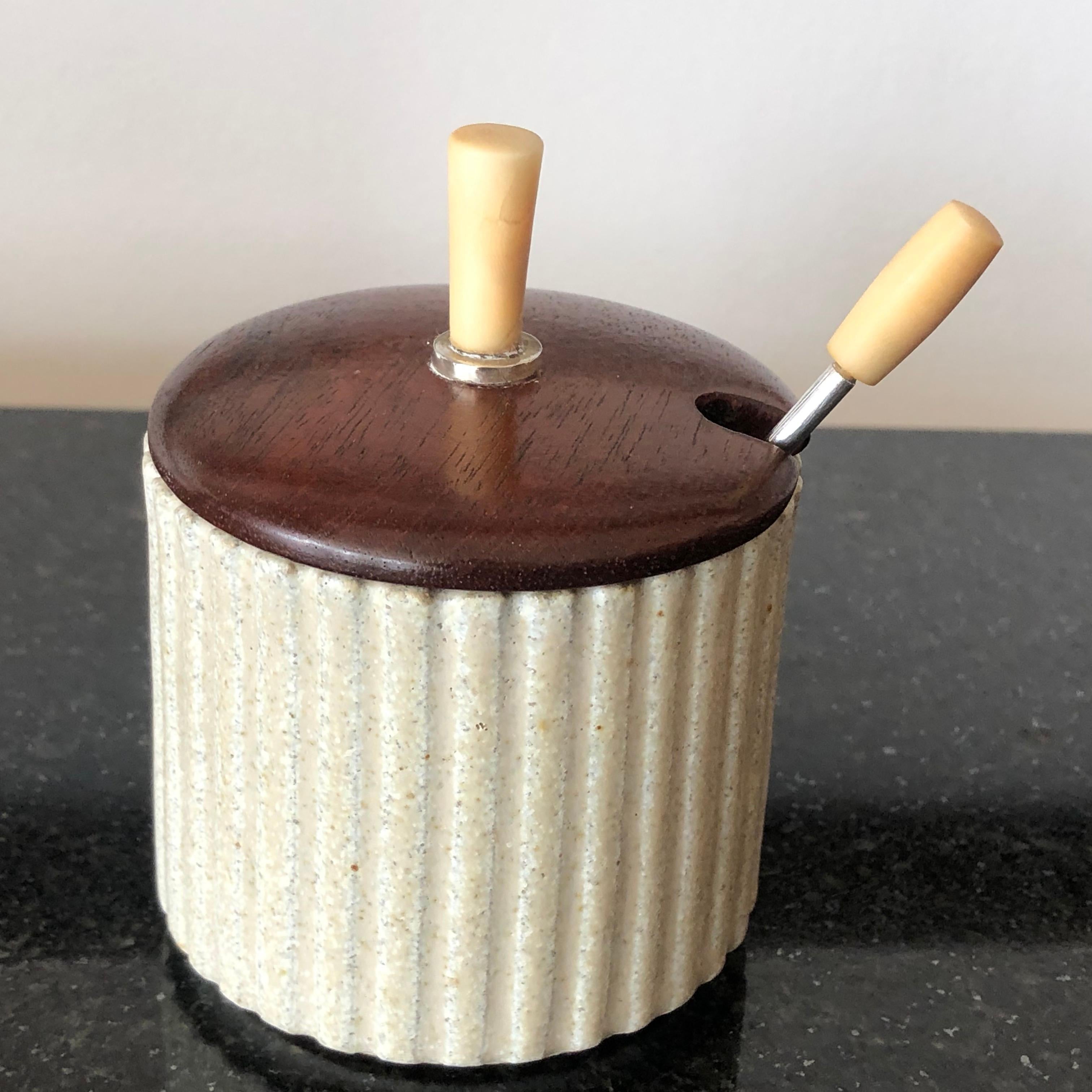 Mid-Century Modern Danish Art Pottery Jam Pot with Teak Lid and Silver Spoon by Arne Bang