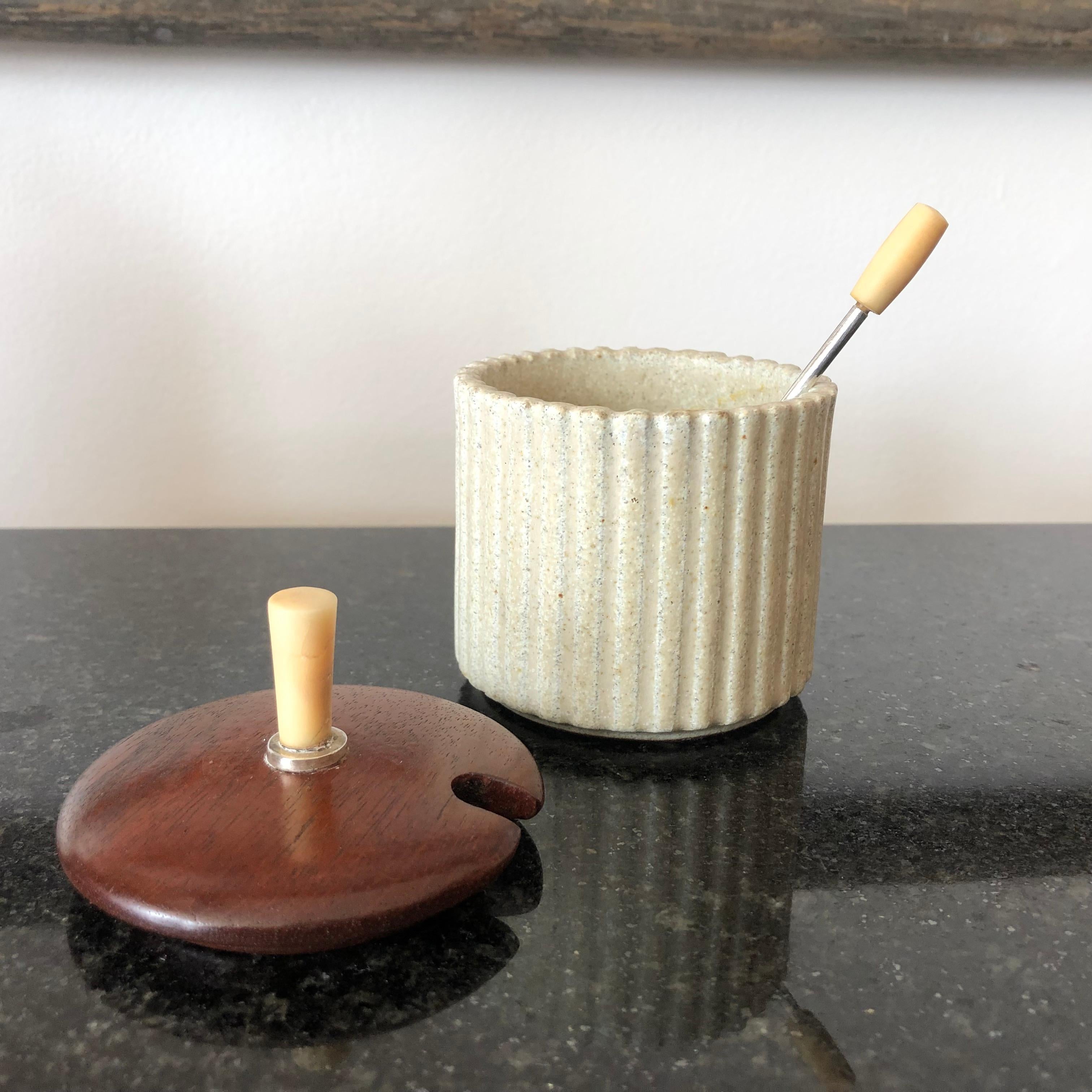 Danish Art Pottery Jam Pot with Teak Lid and Silver Spoon by Arne Bang In Good Condition In Essex, MA